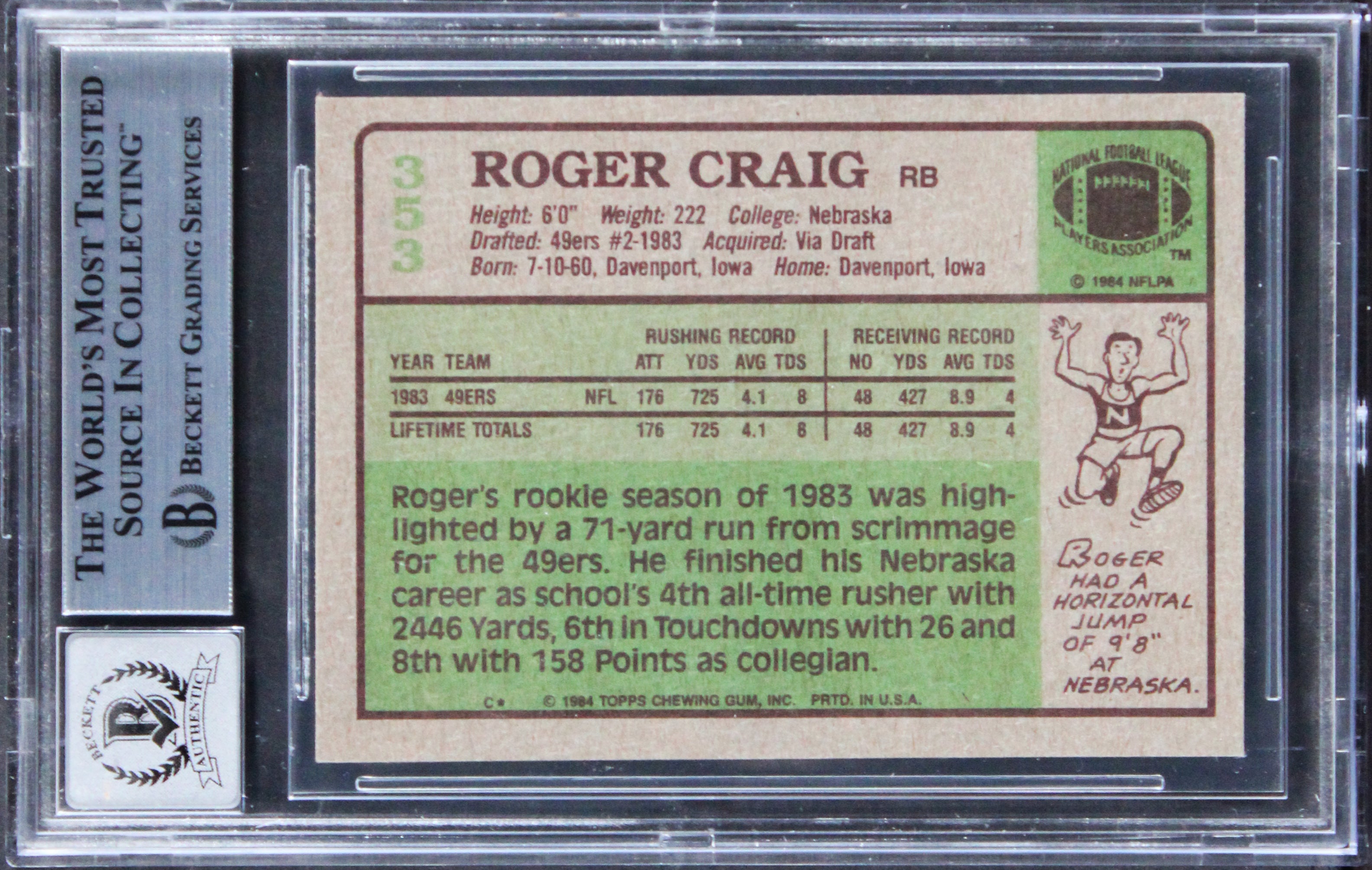 49ers Roger Craig Signed 1984 Topps #353 Rookie Card Auto 10! BAS Slabbed 4