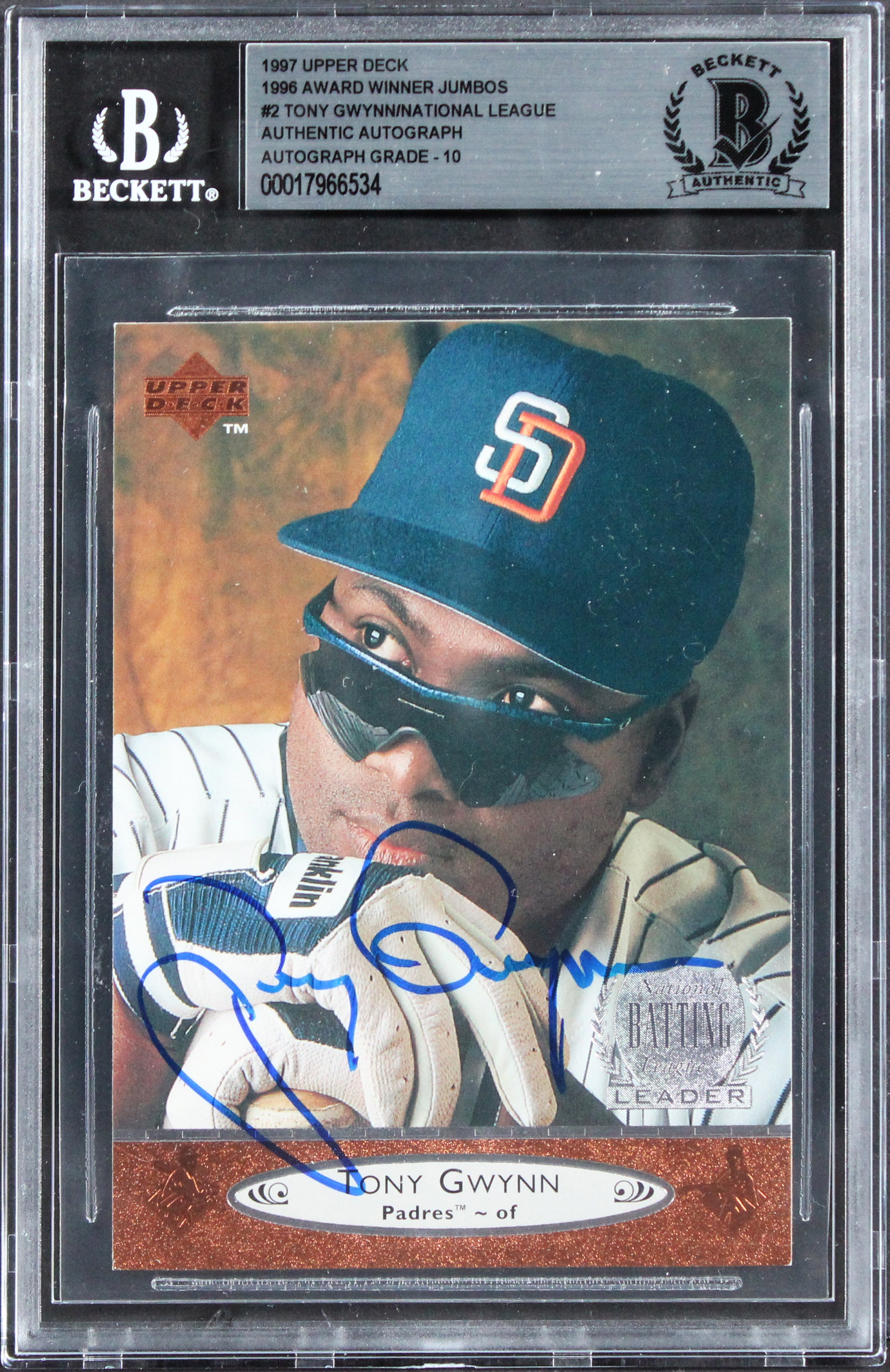 Padres Tony Gwynn Signed 1997 Upper Deck 1996 AWJ #2 Card Auto 10! BAS Slabbed