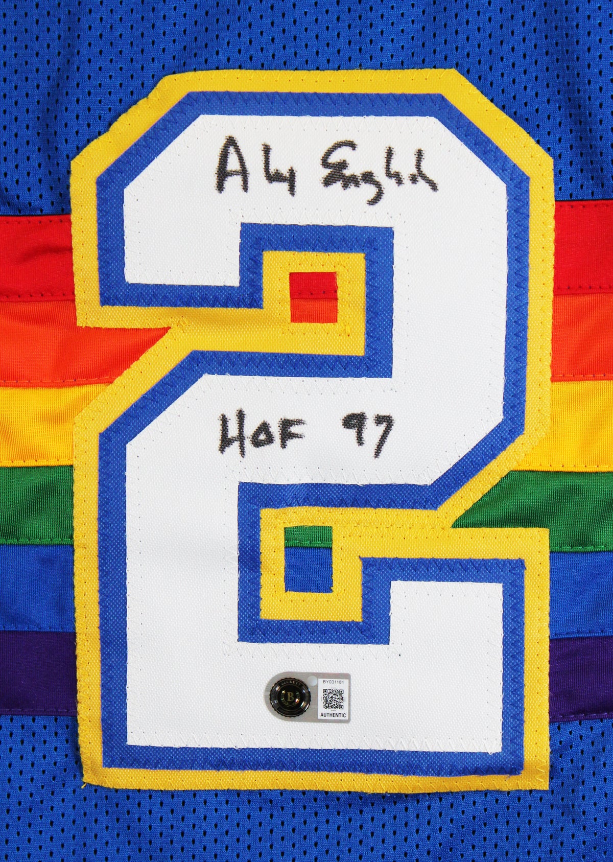 Alex English "HOF 97" Signed Blue Throwback Pro Style Framed Jersey BAS
