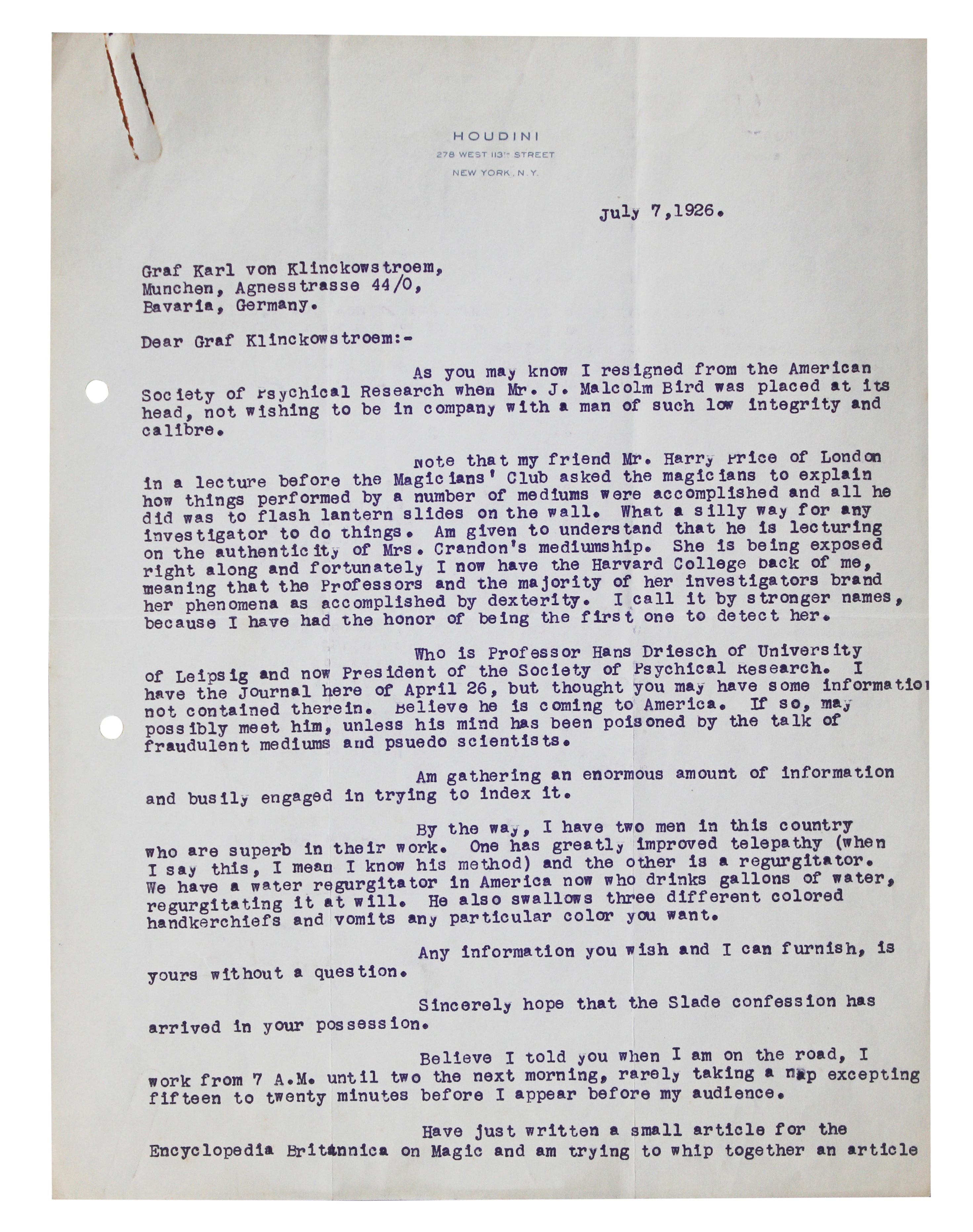 Harry Houdini Signed 5.5x8.25 2 Page Letter Dated July 7, 1926 BAS #AE13542