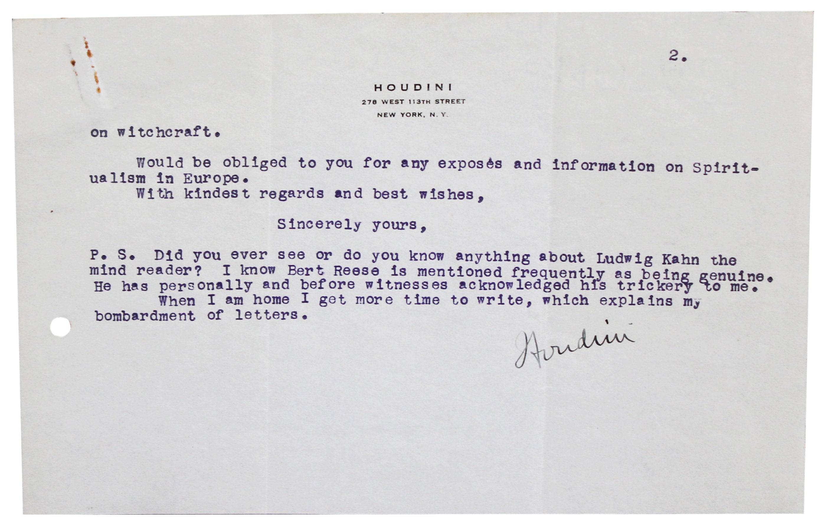 Harry Houdini Signed 5.5x8.25 2 Page Letter Dated July 7, 1926 BAS #AE13542