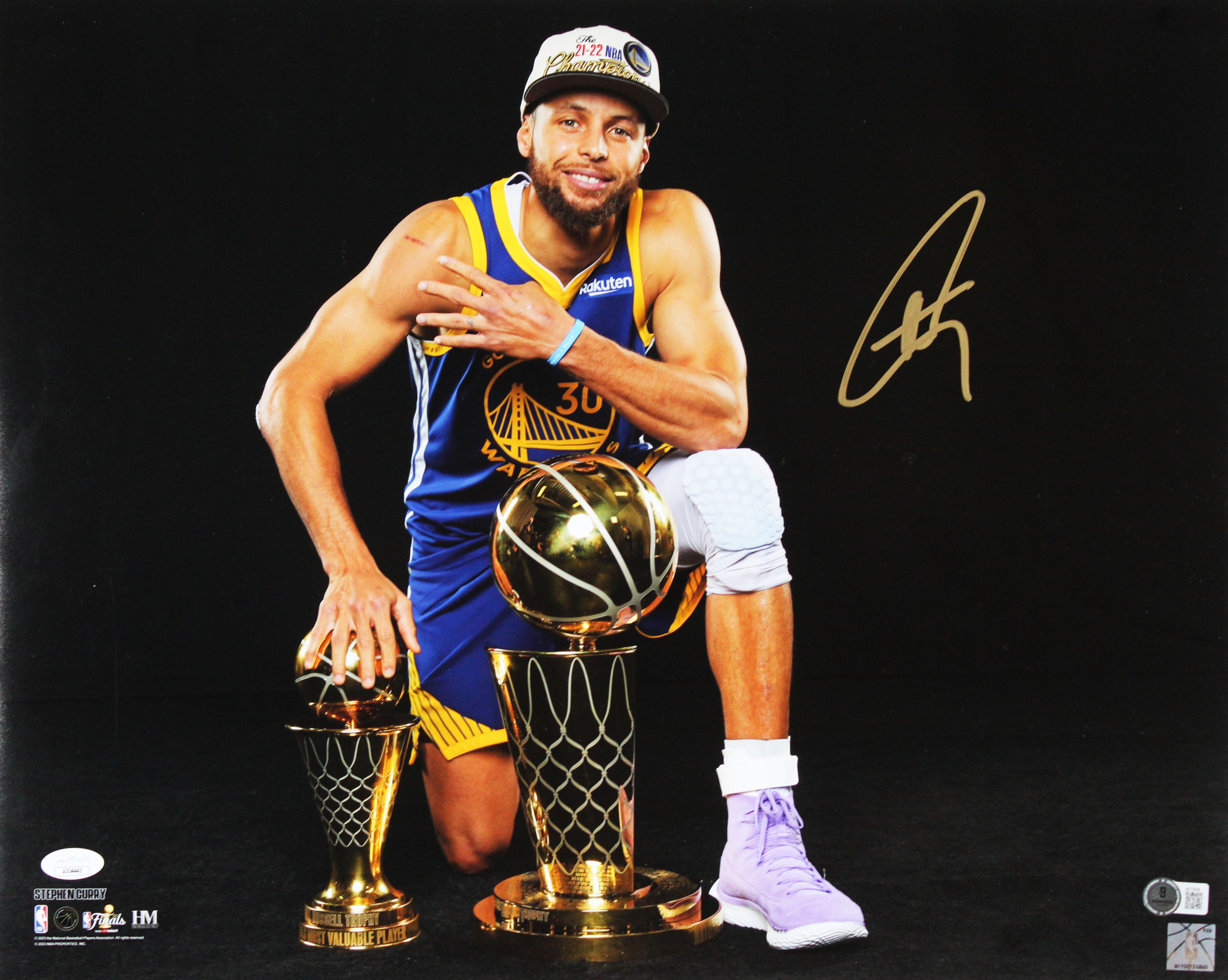 Warriors Stephen Curry Authentic Signed 16x20 Trophy Blackout Photo BAS #AE13538