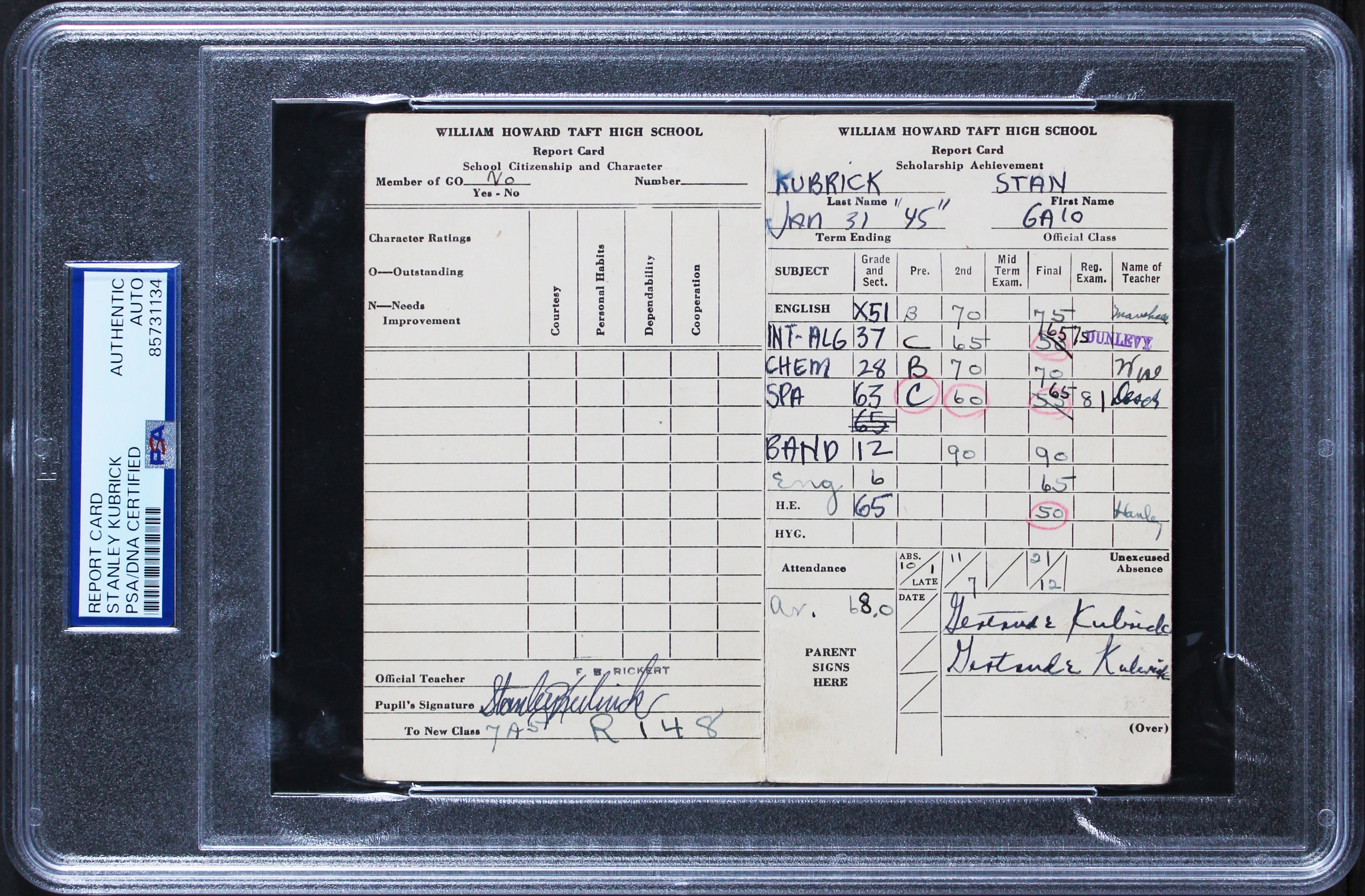 Stanley Kubrick Signed 1945 William Howard Taft High School Report Card PSA Slab