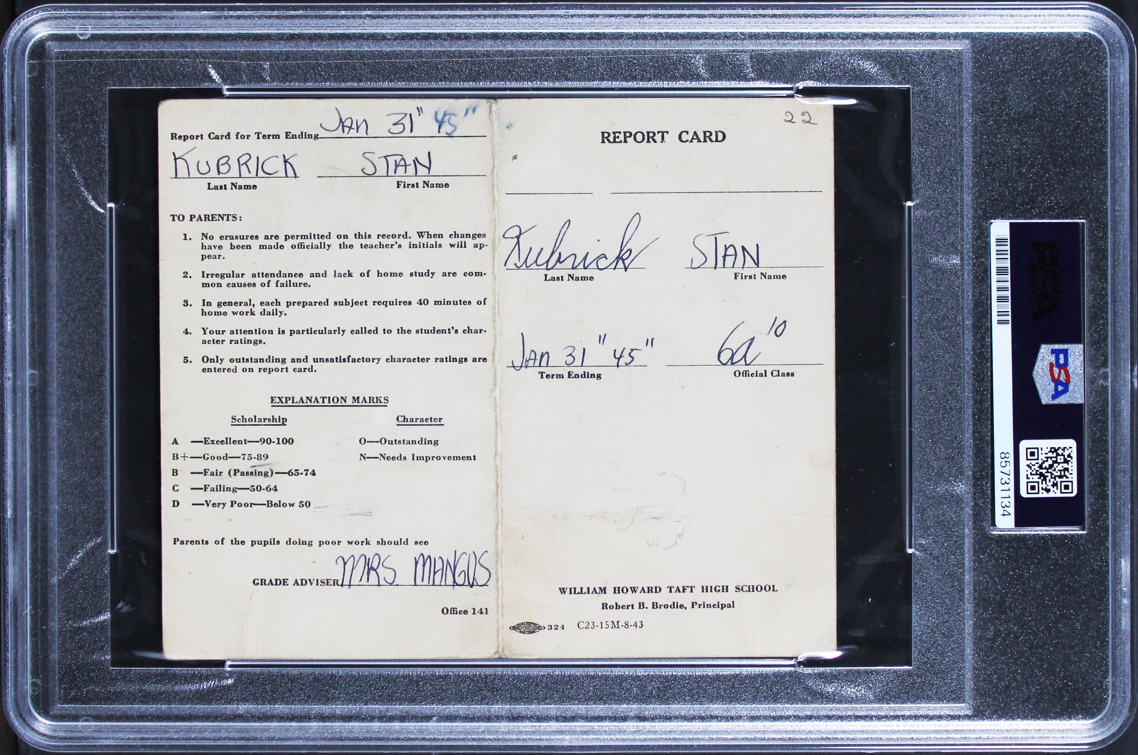 Stanley Kubrick Signed 1945 William Howard Taft High School Report Card PSA Slab