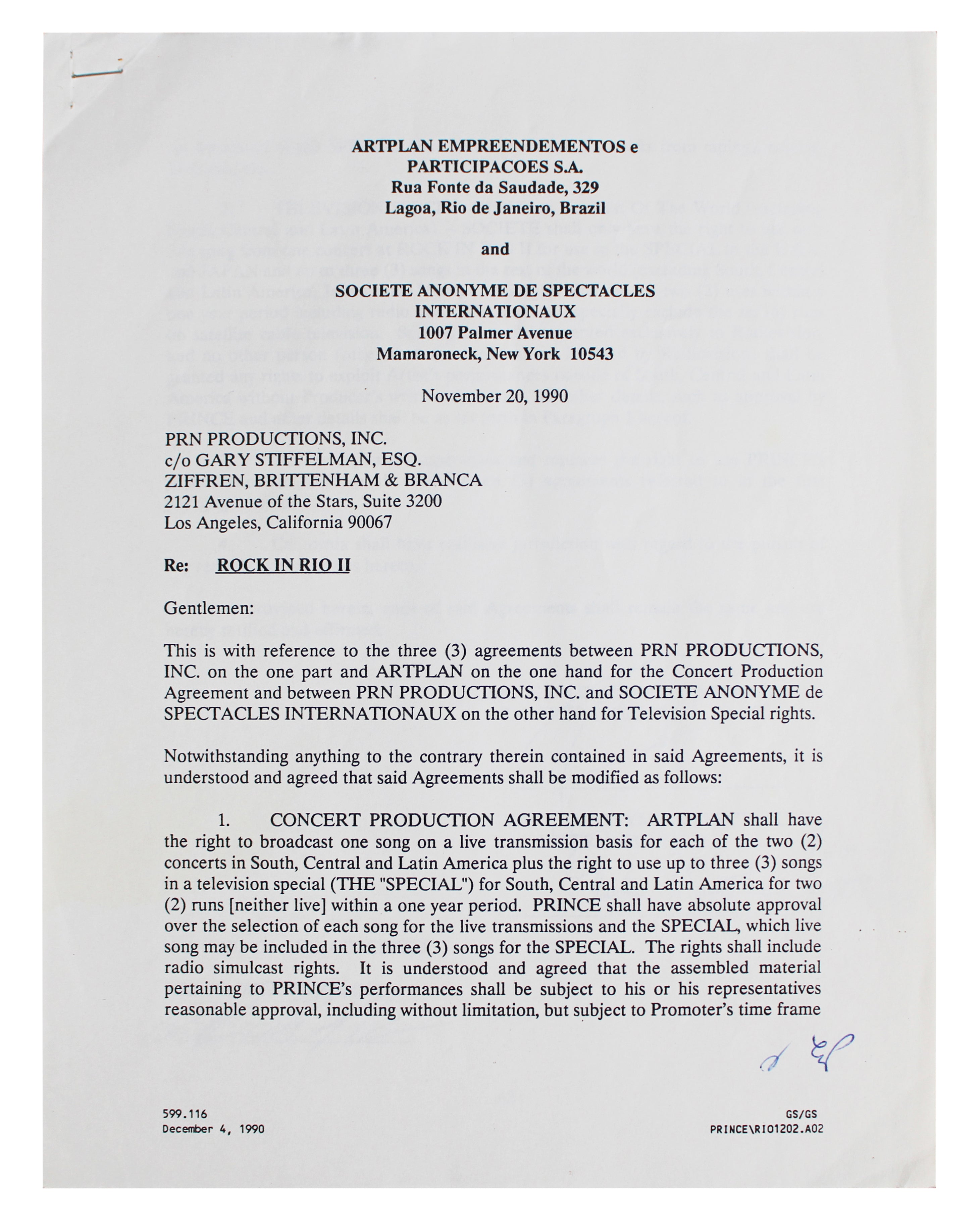 Prince Signed 8.5x11 1991 Rock In Rio II Concert Festival Contract JSA #ZZ41328