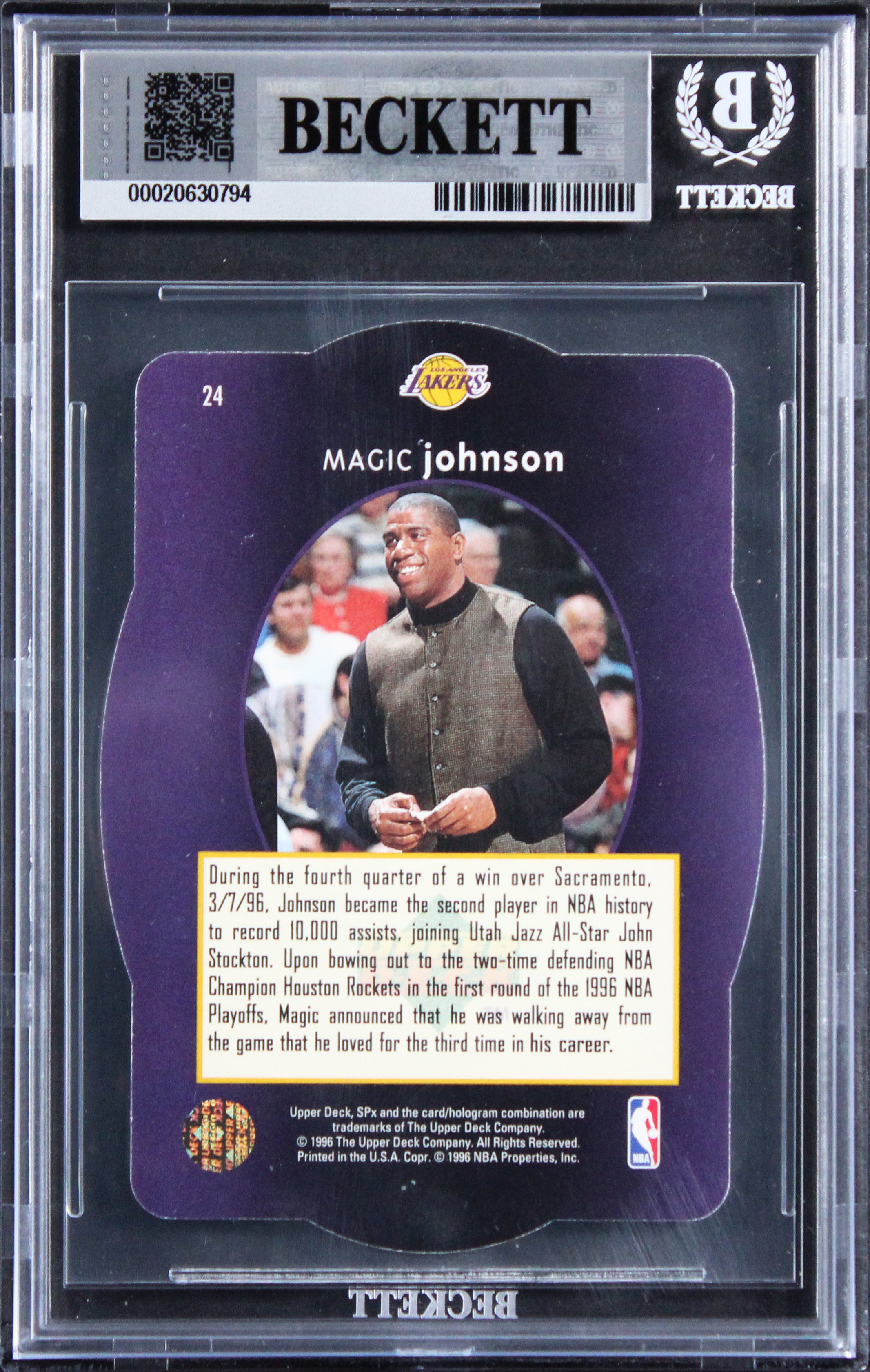 Lakers Magic Johnson Signed 1996 SPX #24 Card Auto Grade Gem Mint 10! BAS Slab