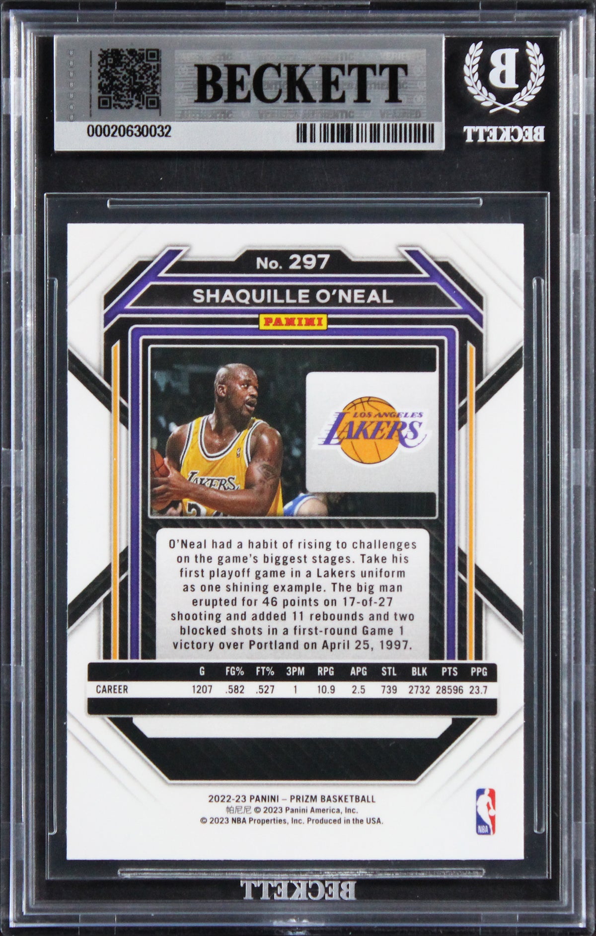 Lakers Shaquille O'Neal Signed 2022 Panini Prizm #297 Card Auto 10! BAS Slabbed