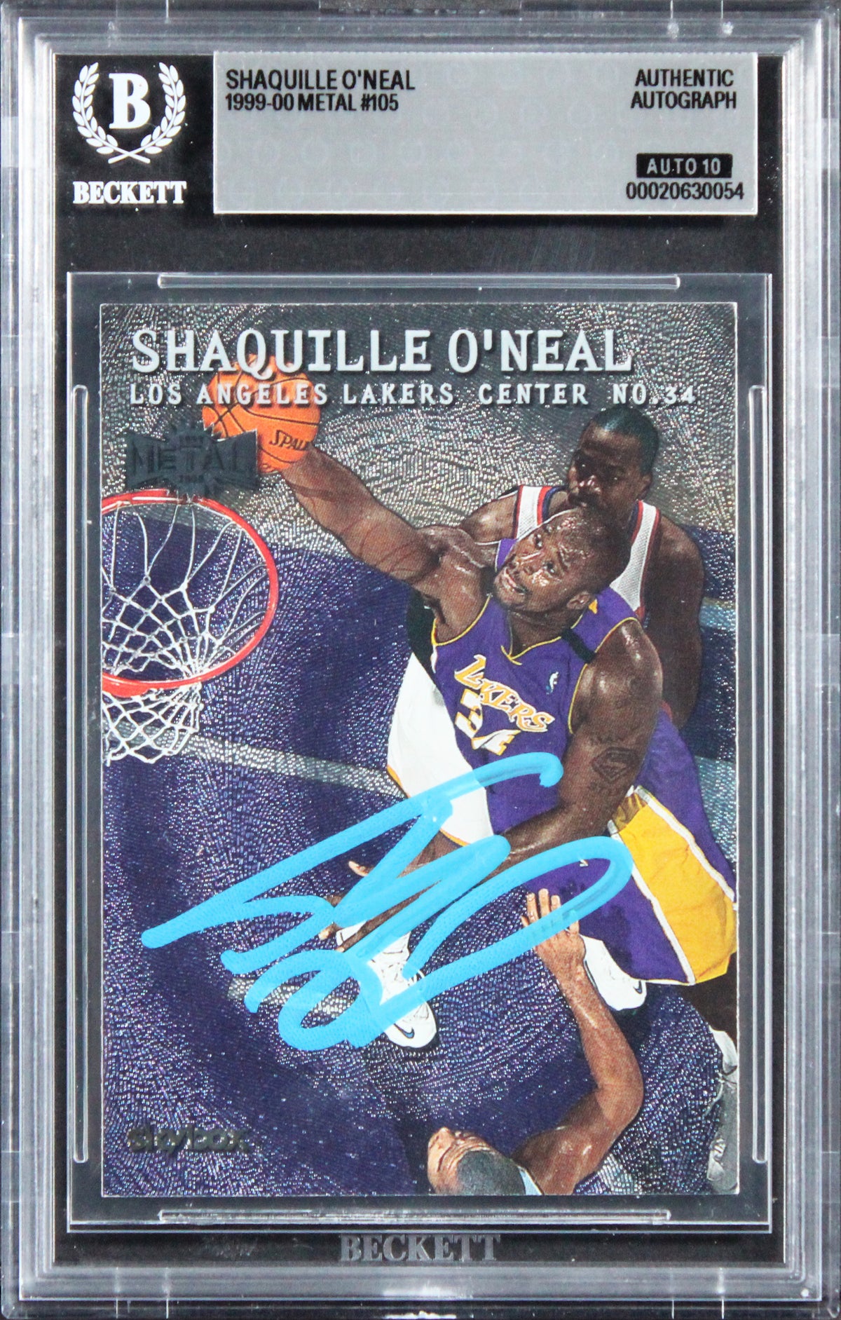 Lakers Shaquille O'Neal Signed 1999 Metal #105 Card Auto Grade 10! BAS Slabbed