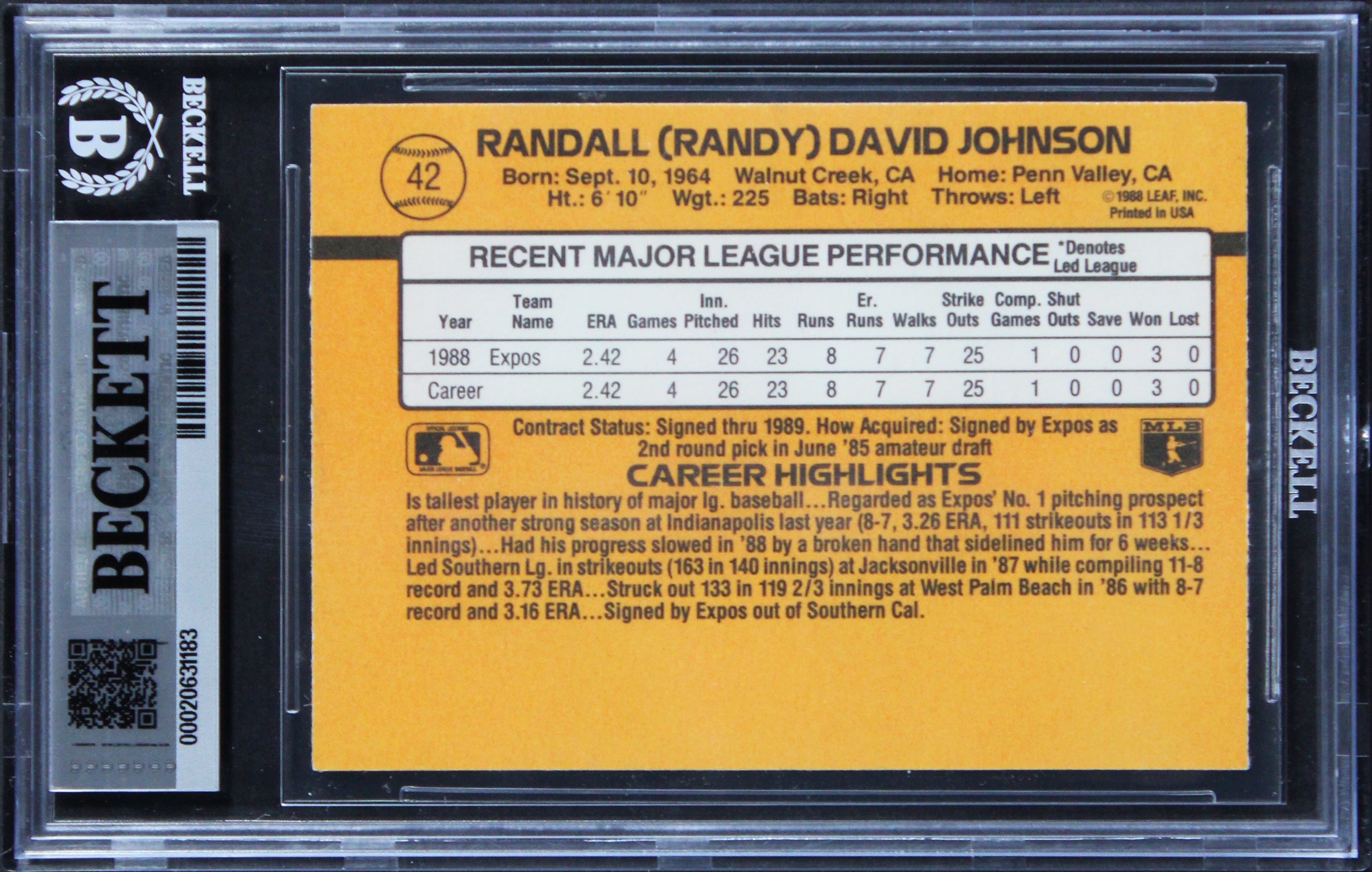 Expos Randy Johnson Signed 1989 Donruss #42 Rookie Card Auto GM 10! BAS Slabbed