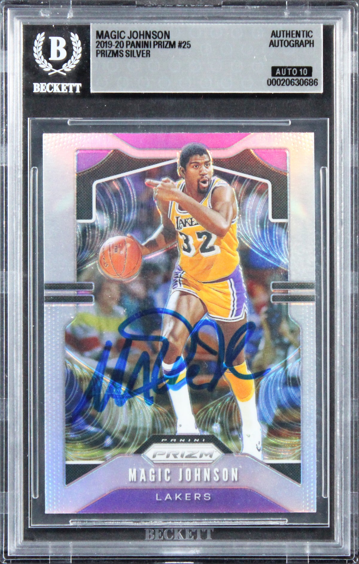 Lakers Magic Johnson Signed 2019 Panini Prizm Silver #25 Card Auto 10! BAS Slab