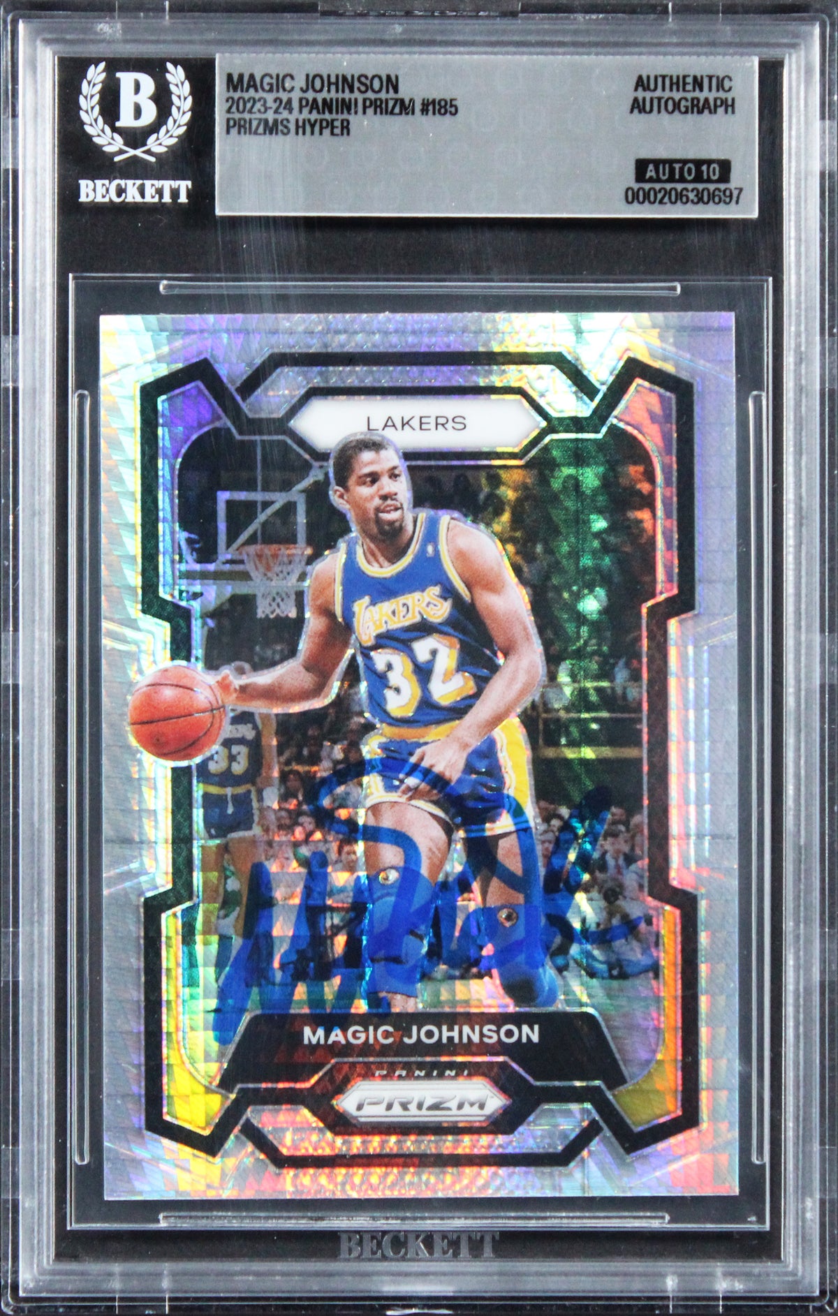 Lakers Magic Johnson Signed 2023 Panini Prizm Hyper #185 Card Auto 10! BAS Slab