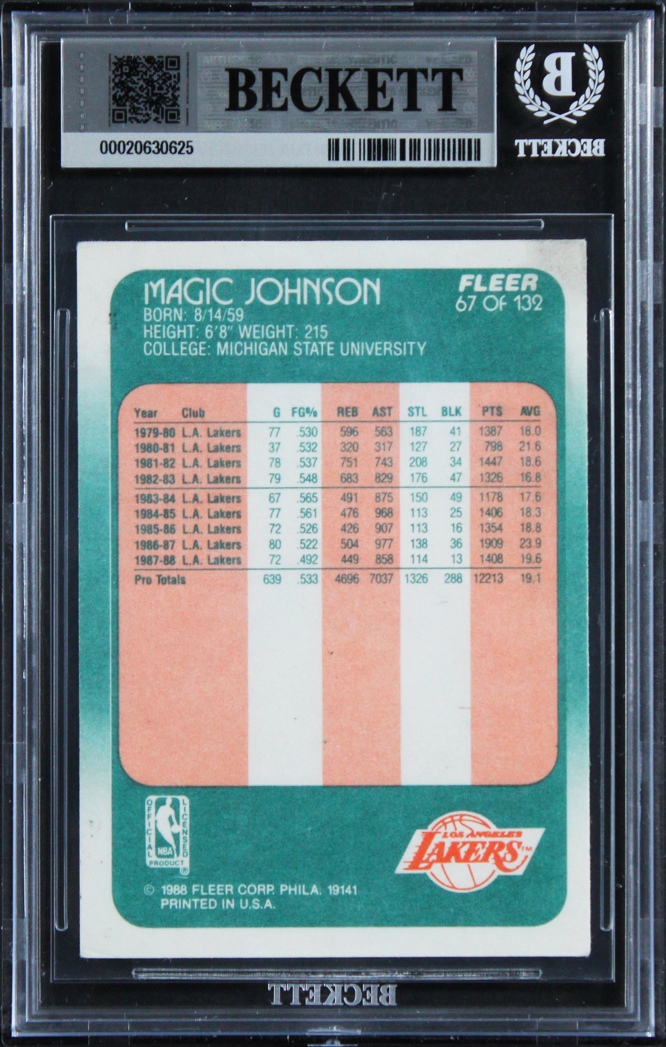Lakers Magic Johnson Signed 1988 Fleer #67 Card Auto Grade GM 10! BAS Slabbed