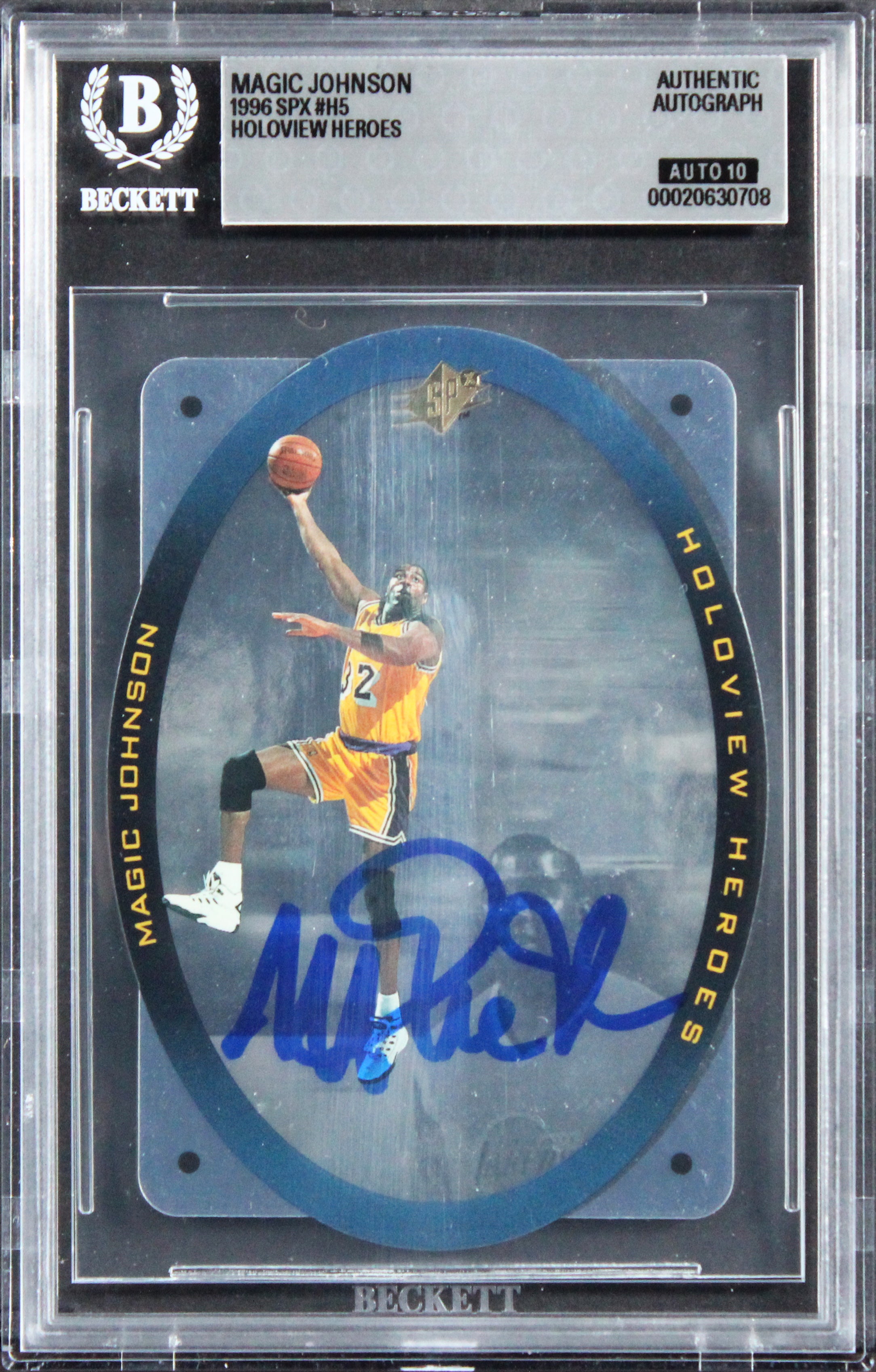 Lakers Magic Johnson Signed 1996 SPX Holoview Heroes #H5 Card Auto 10! BAS Slab