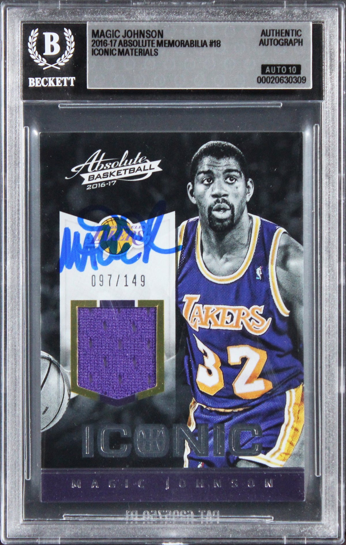 Magic Johnson Signed 2016 Absolute Materials #18 97/149 Card Auto 10! BAS Slab