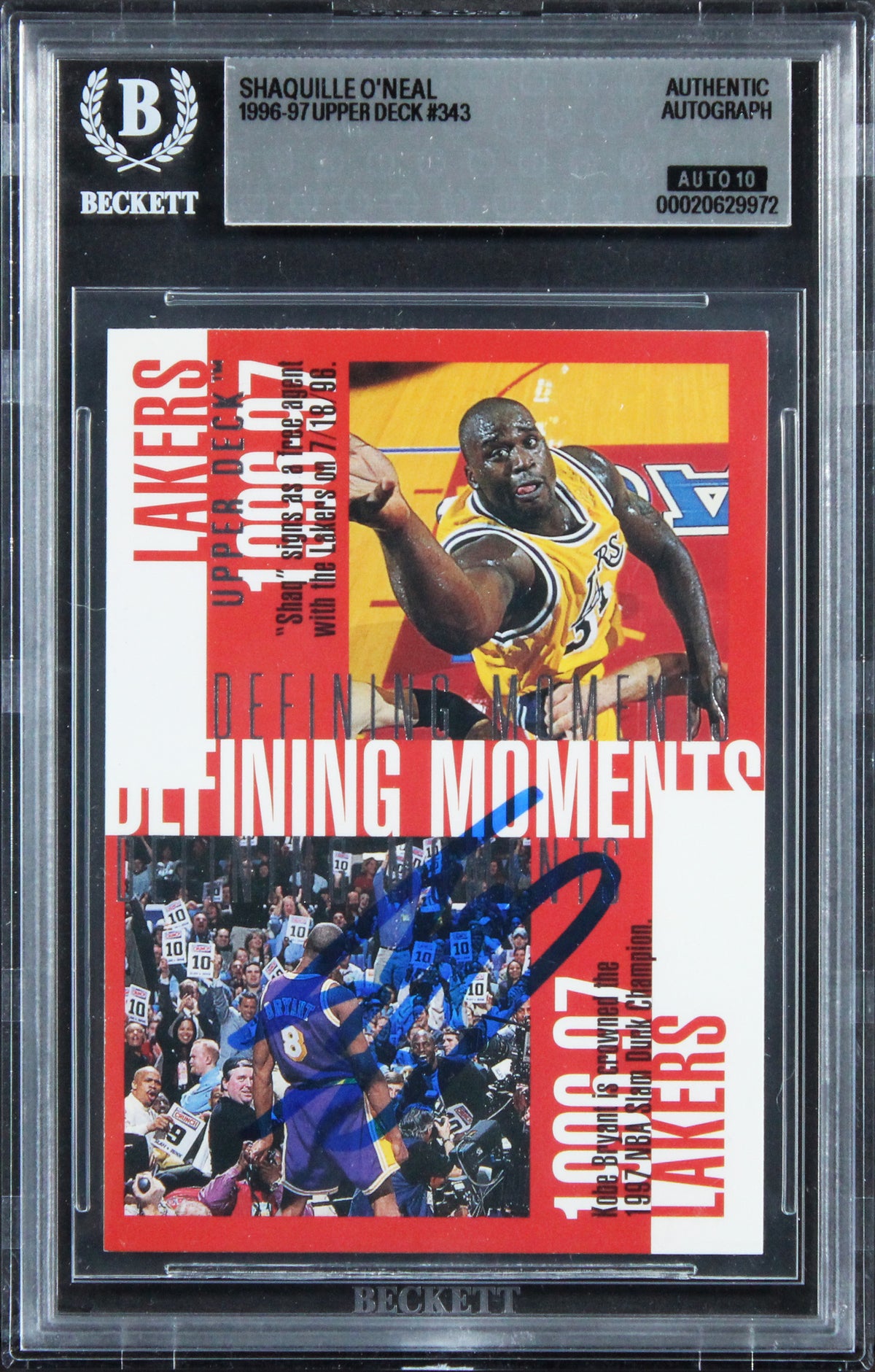 Lakers Shaquille O'Neal Signed 1996 Upper Deck #343 Card Auto 10! BAS Slabbed