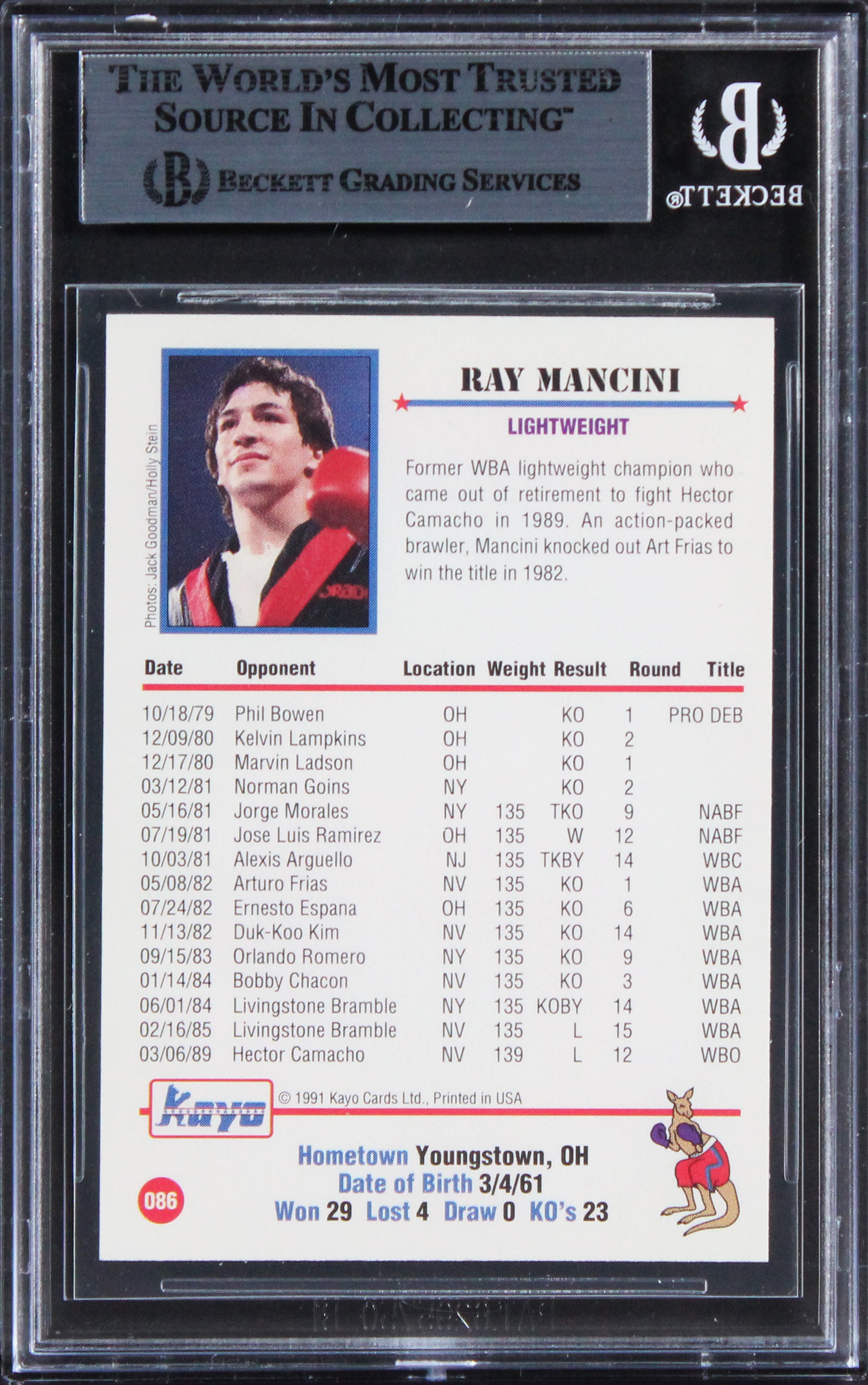 Ray Mancini "3x Insc" Authentic Signed 1991 Kayo #86 Card BAS Slabbed 1