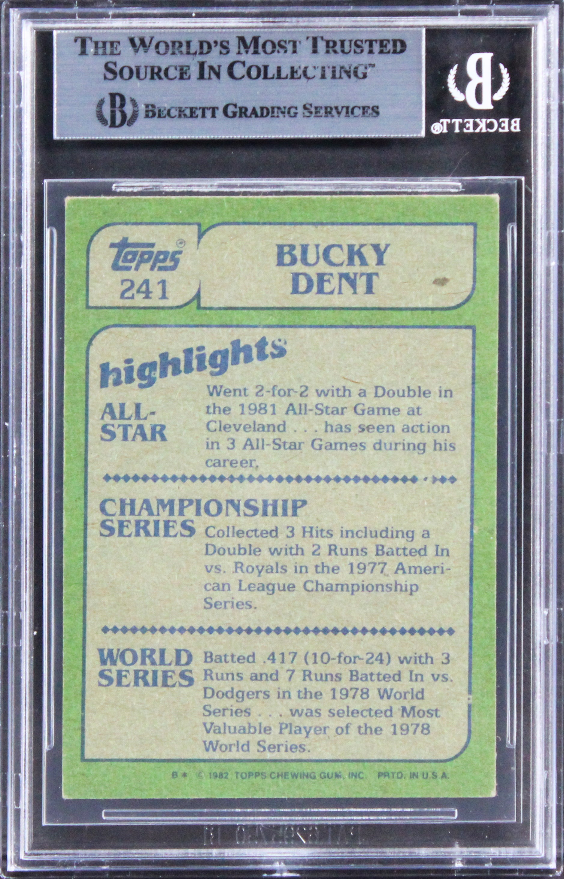 Yankees Bucky Dent Authentic Signed 1982 Topps #241 Card BAS Slabbed