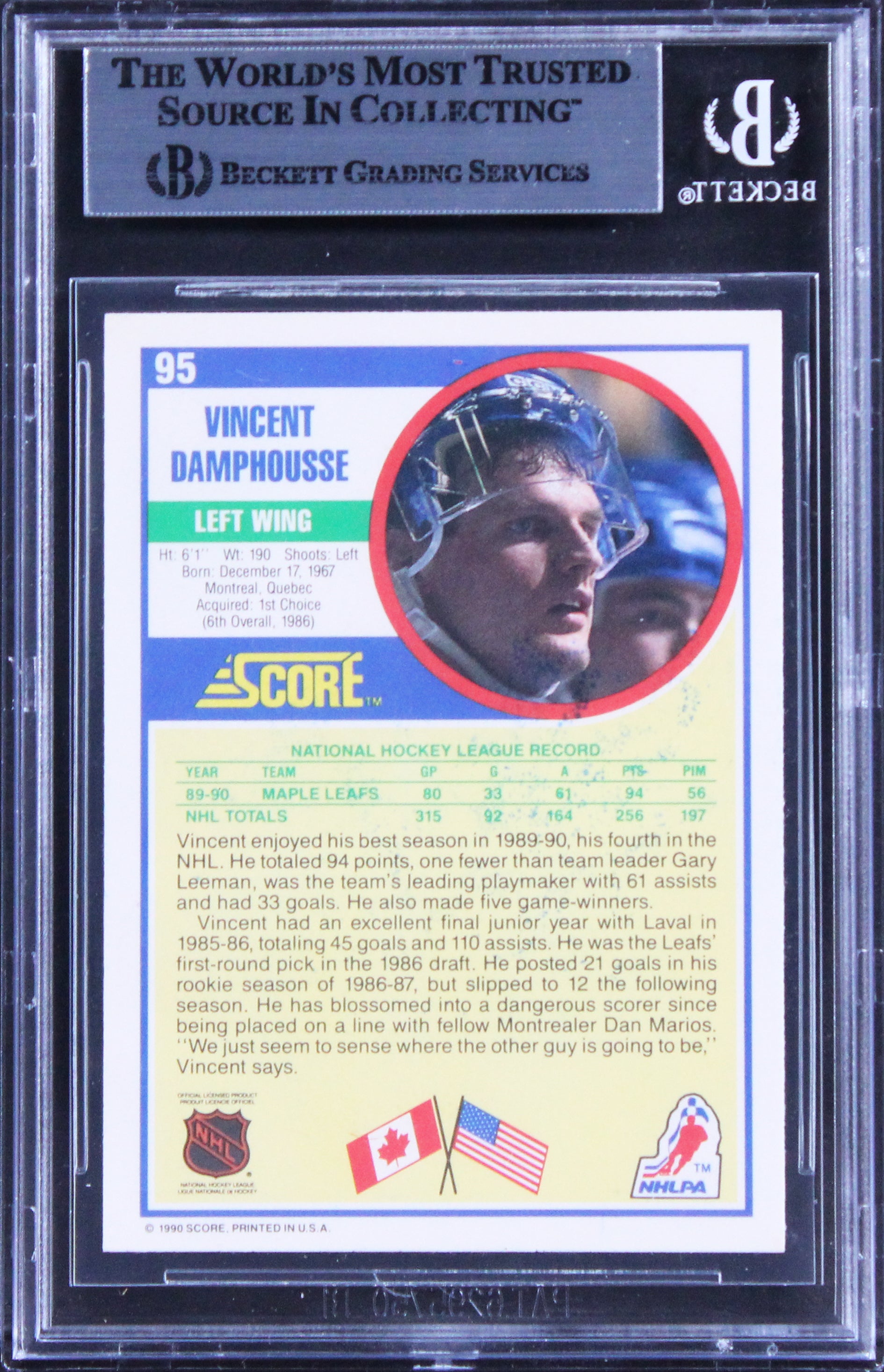 Maple Leafs Vincent Damphousse Authentic Signed 1990 Score #95 Card BAS Slabbed