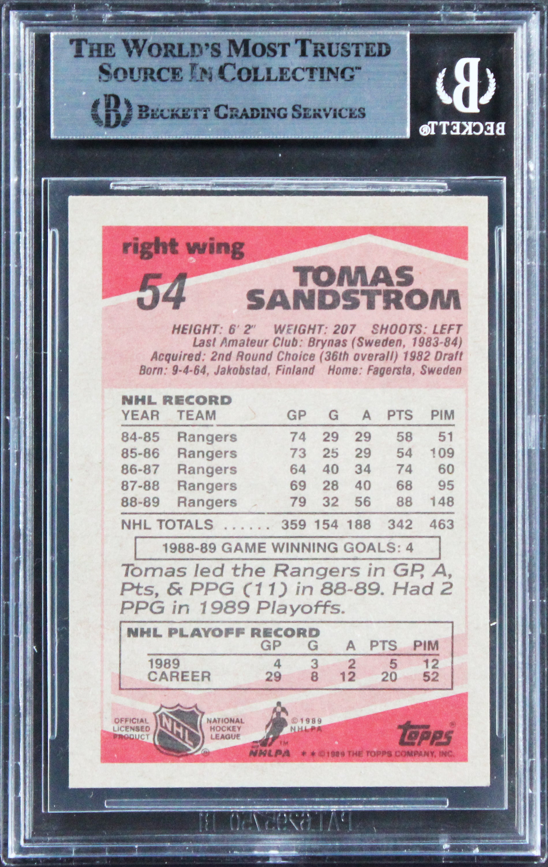 Rangers Tomas Sandstrom Authentic Signed 1989 Topps #54 Card BAS Slabbed