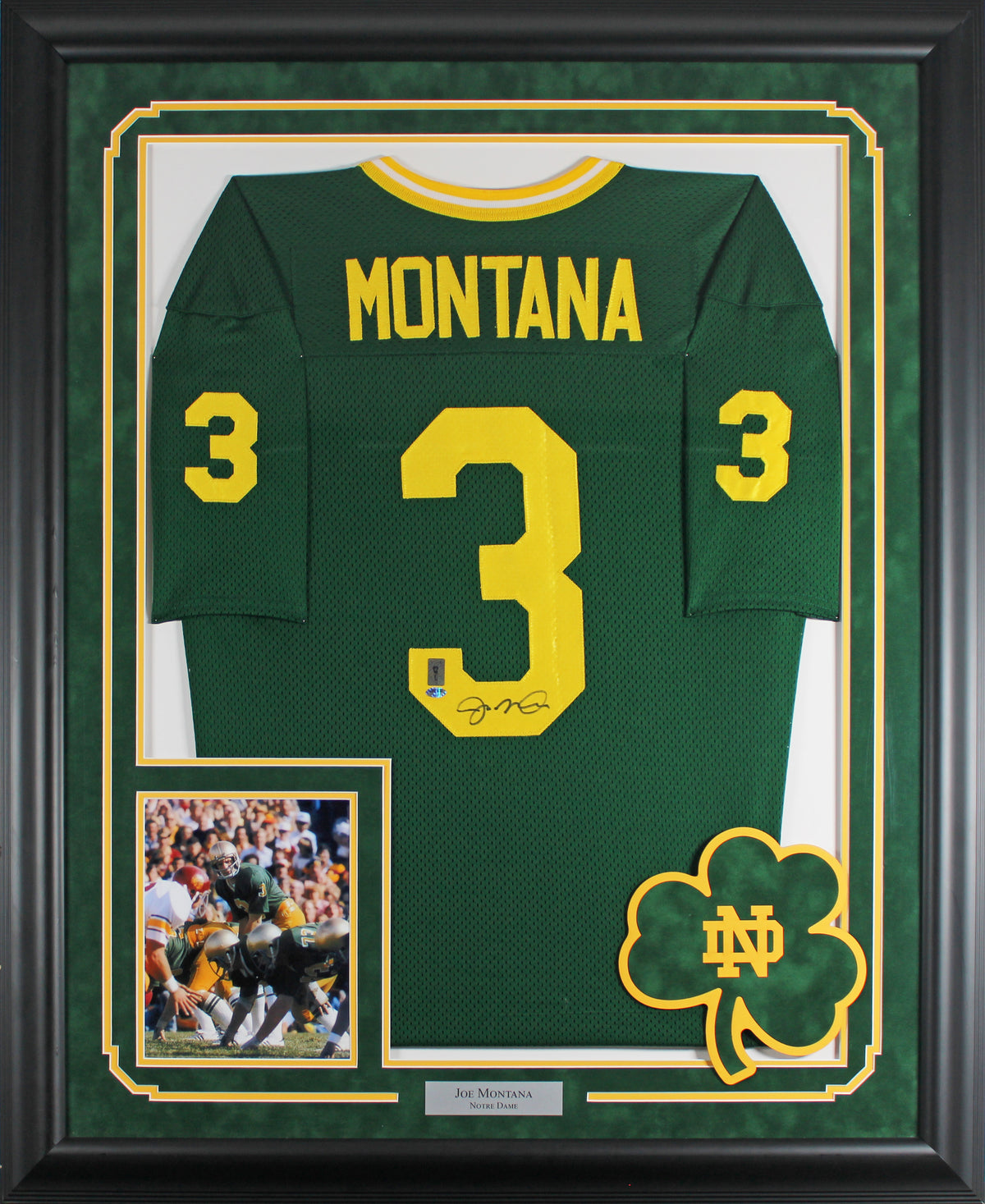 Notre Dame Joe Montana Signed Green Pro Style Framed Jersey BAS #AG010117