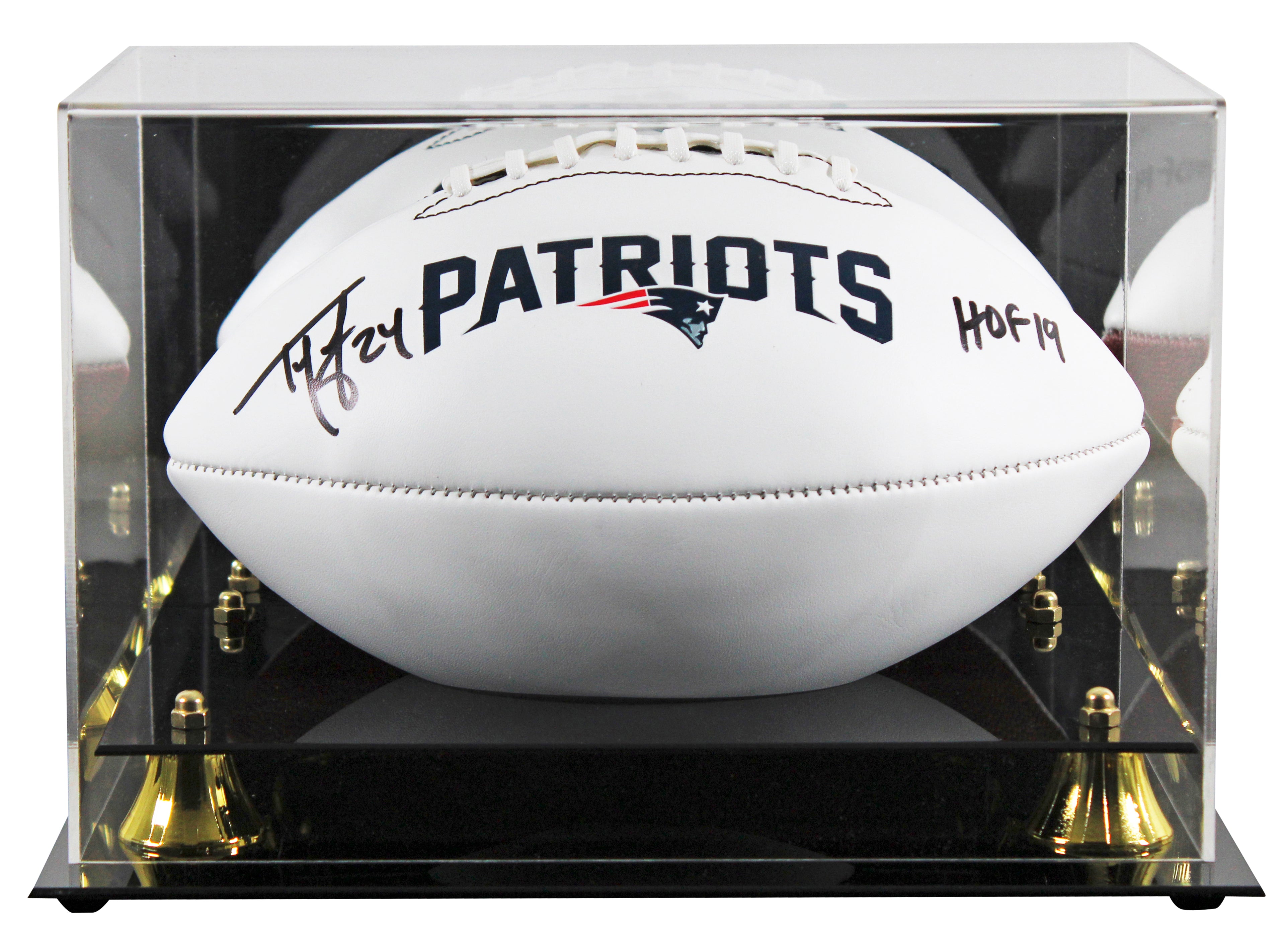 Patriots Ty Law "HOF 19" Signed Franklin White Panel Logo Football W/ Case BAS W