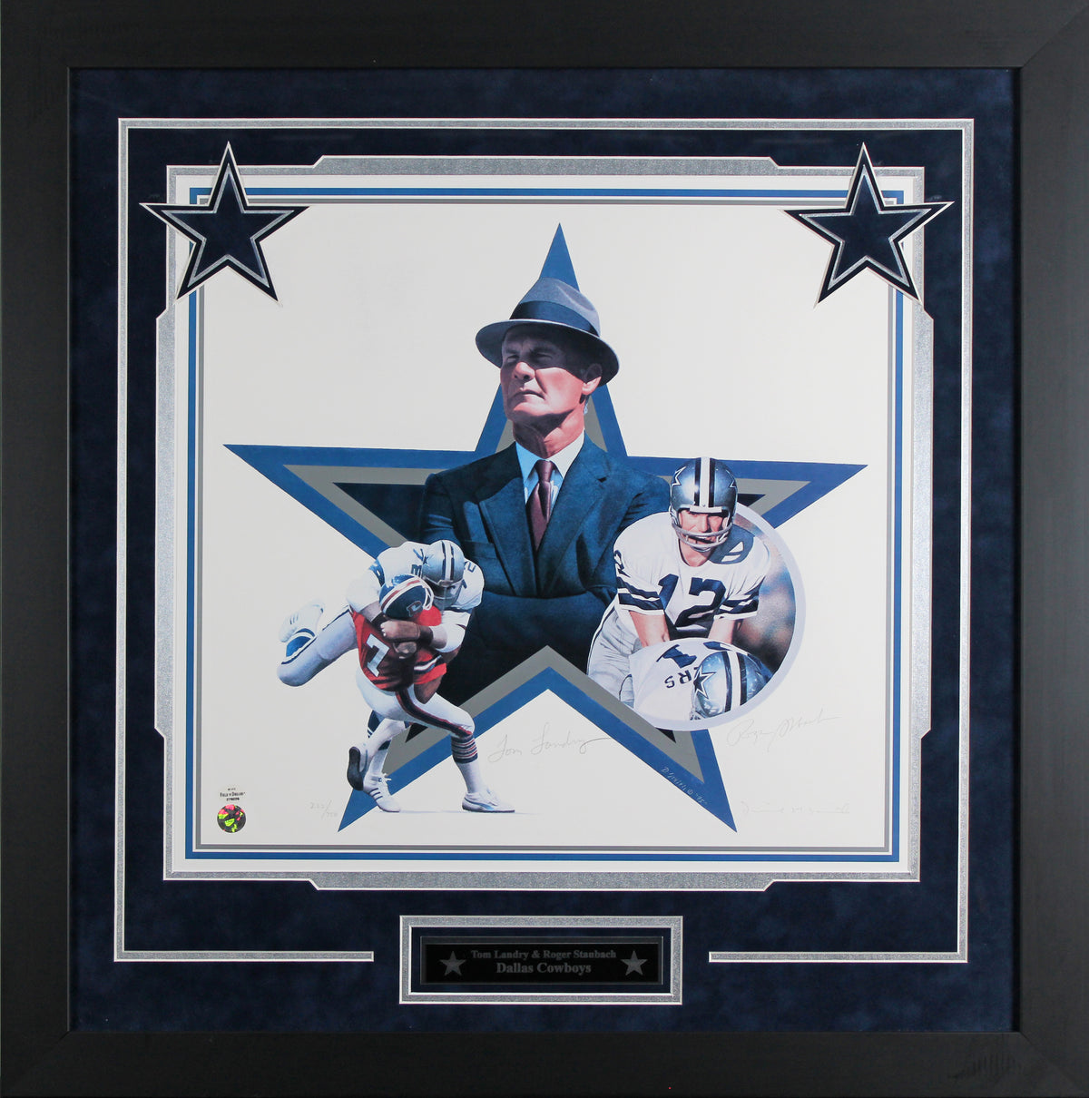 Cowboys Roger Staubach & Tom Landry Signed & Framed 17x18 Litho LE #222/750 BAS