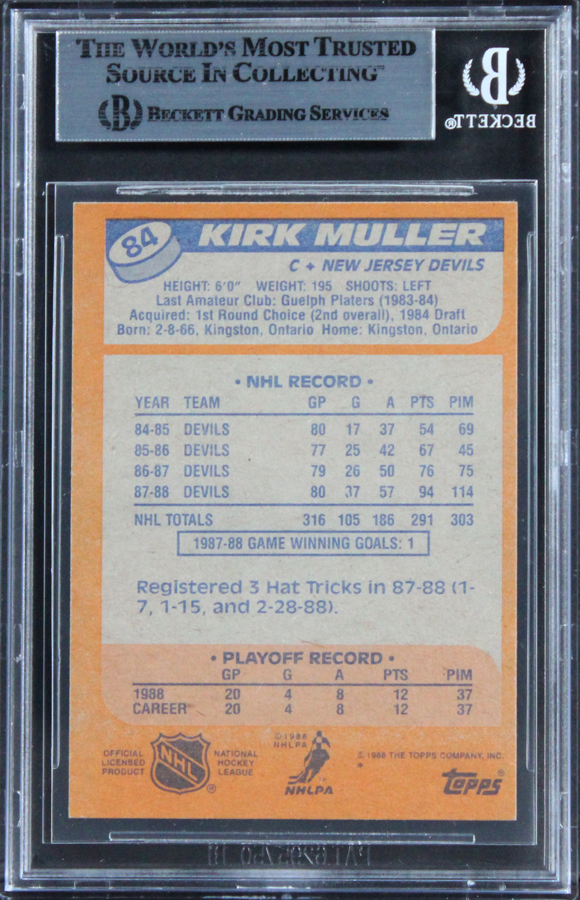 Devils Kirk Muller Authentic Signed 1988 Topps #84 Card BAS Slabbed