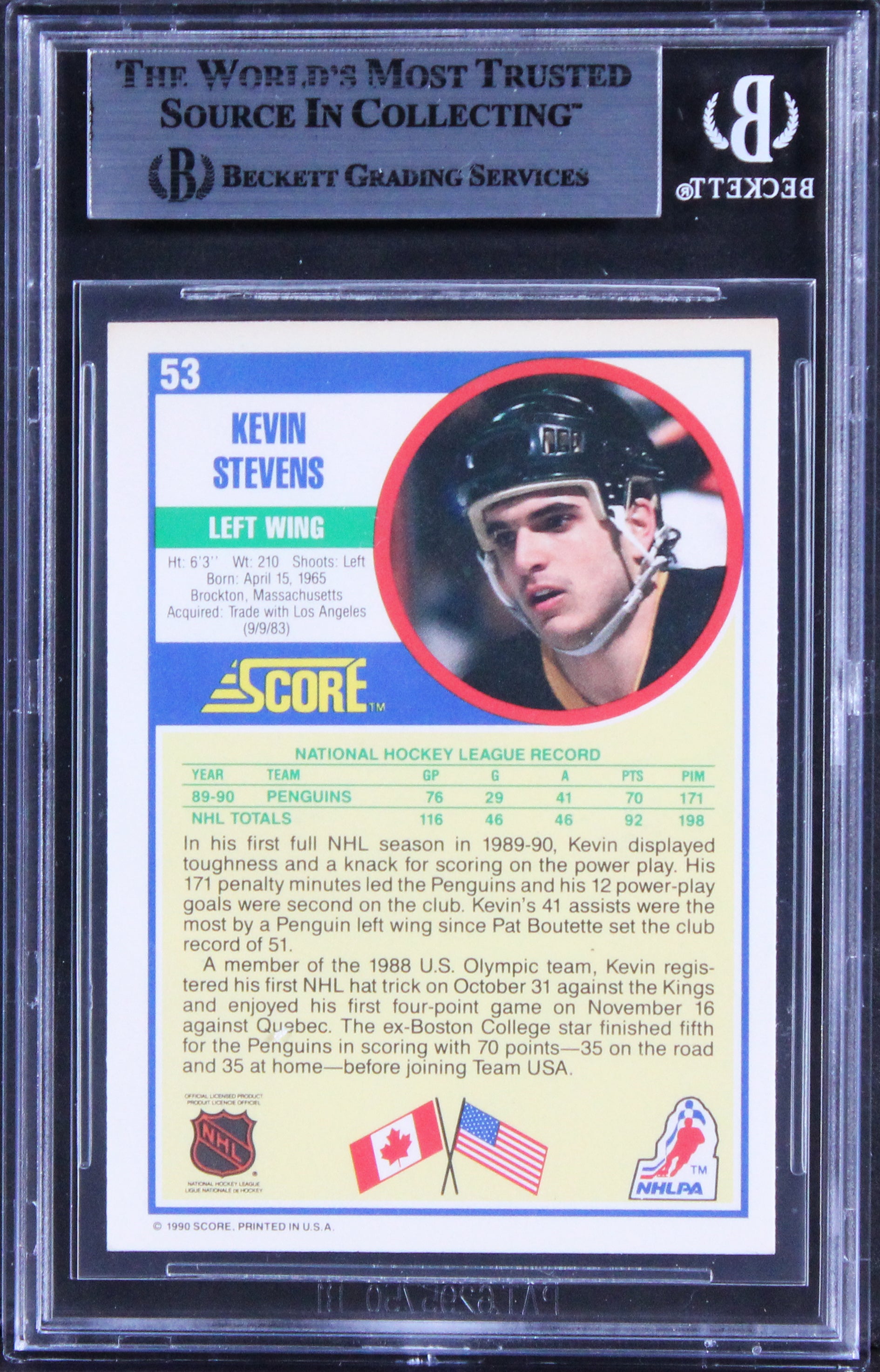 Penguins Kevin Stevens Authentic Signed 1990 Score #53 Card BAS Slabbed