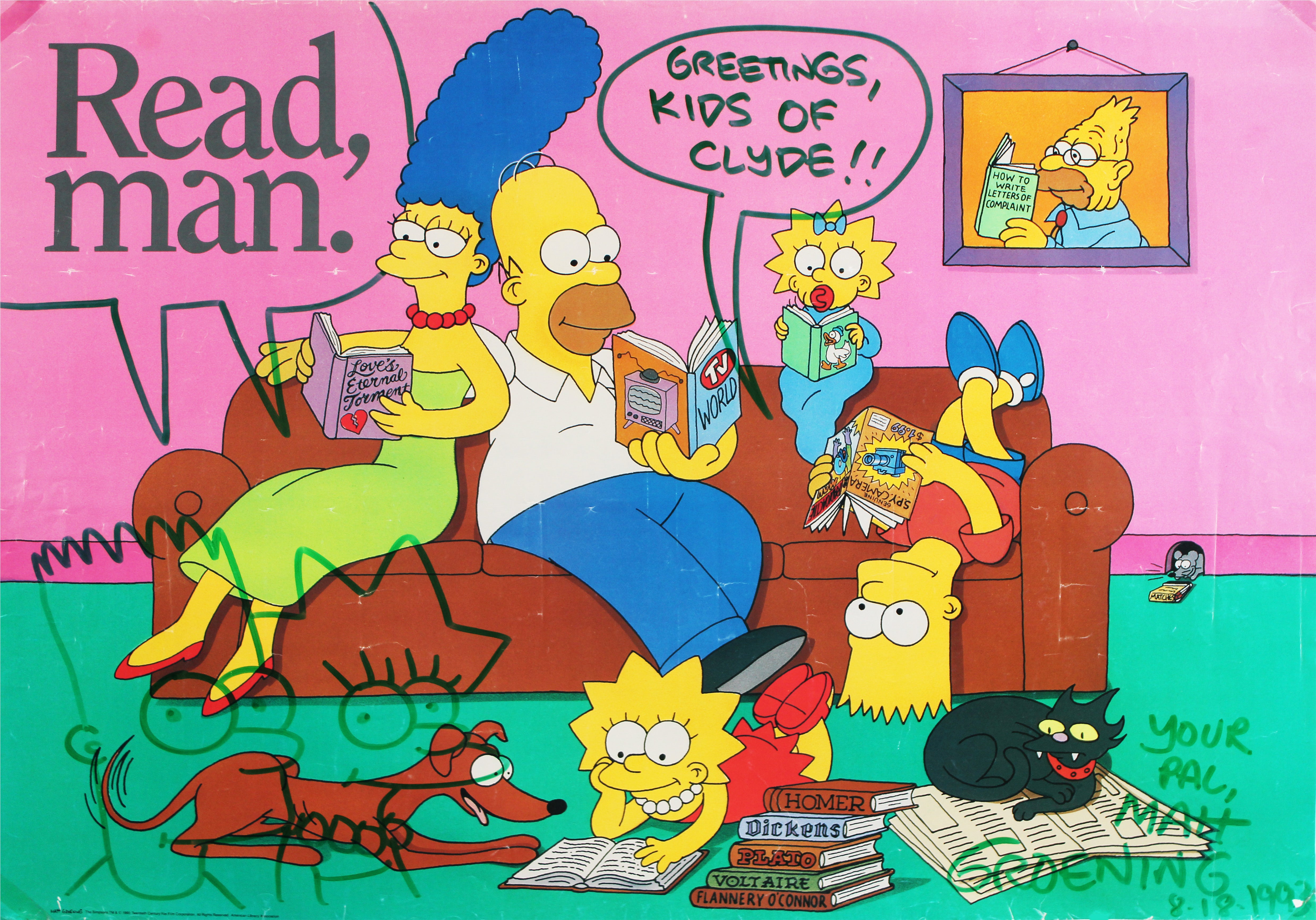 Matt Groening Simpsons Signed 22x31 Poster w/ Bart & Lisa Sketch BAS #AE16841