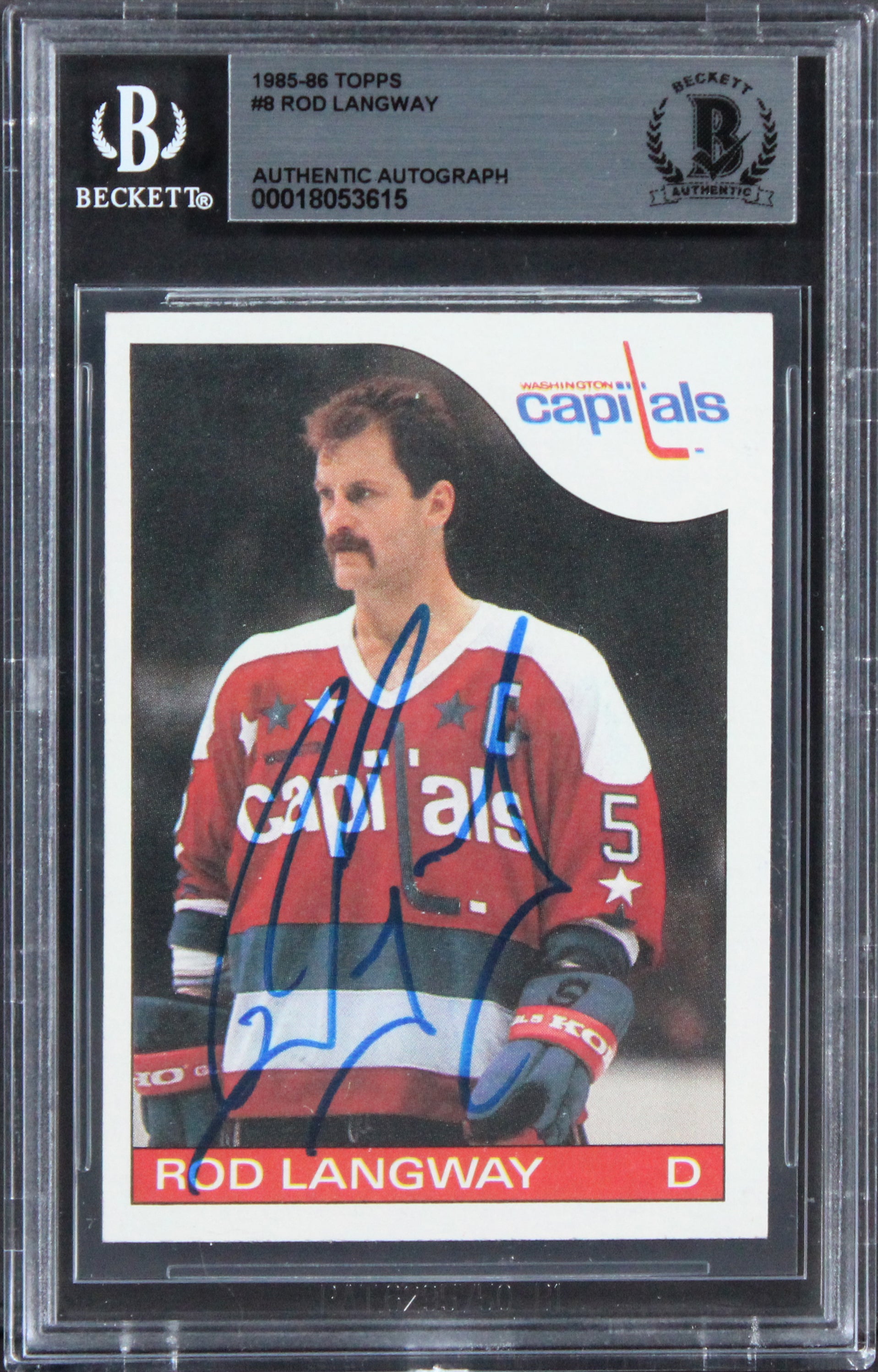 Capitals Rod Langway Authentic Signed 1985 Topps  #8 Card BAS Slabbed