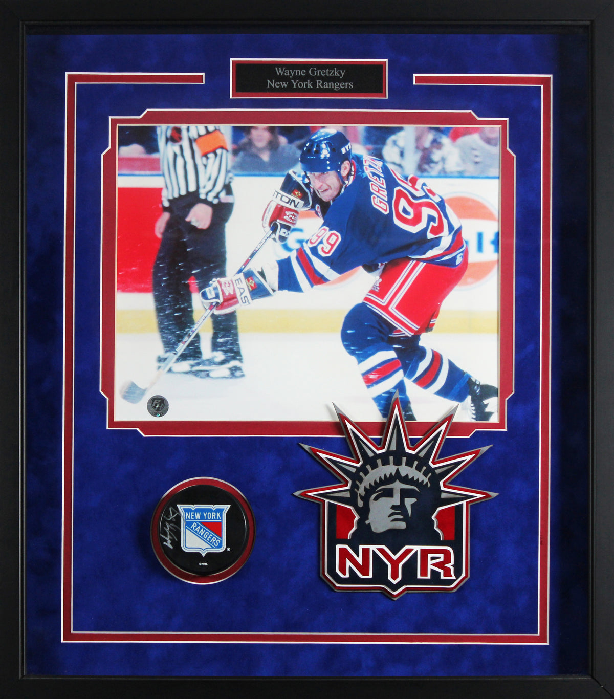 Rangers Wayne Gretzky Signed & Framed Official Logo Hockey Puck BAS #AG010154