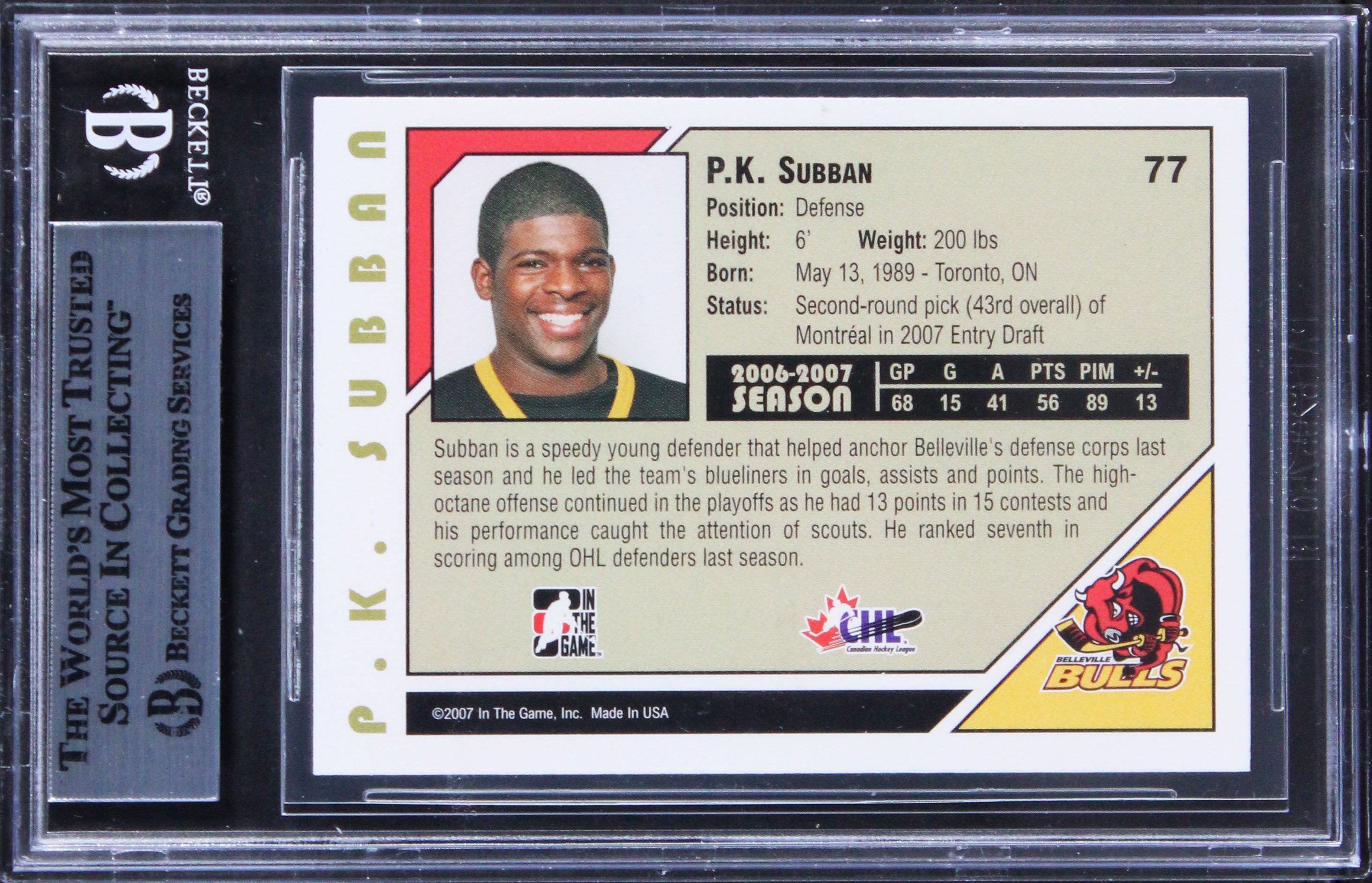 P.K. Subban Authentic Signed 2007 ITG Heroes & Prospects #77 Card BAS Slabbed