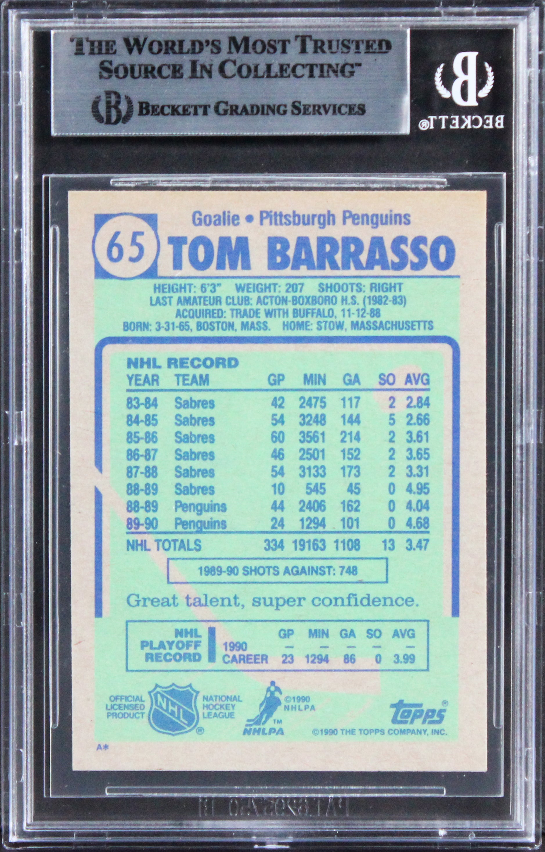 Penguins Tom Barrasso Authentic Signed 1990 Topps #65 Card BAS Slabbed 2