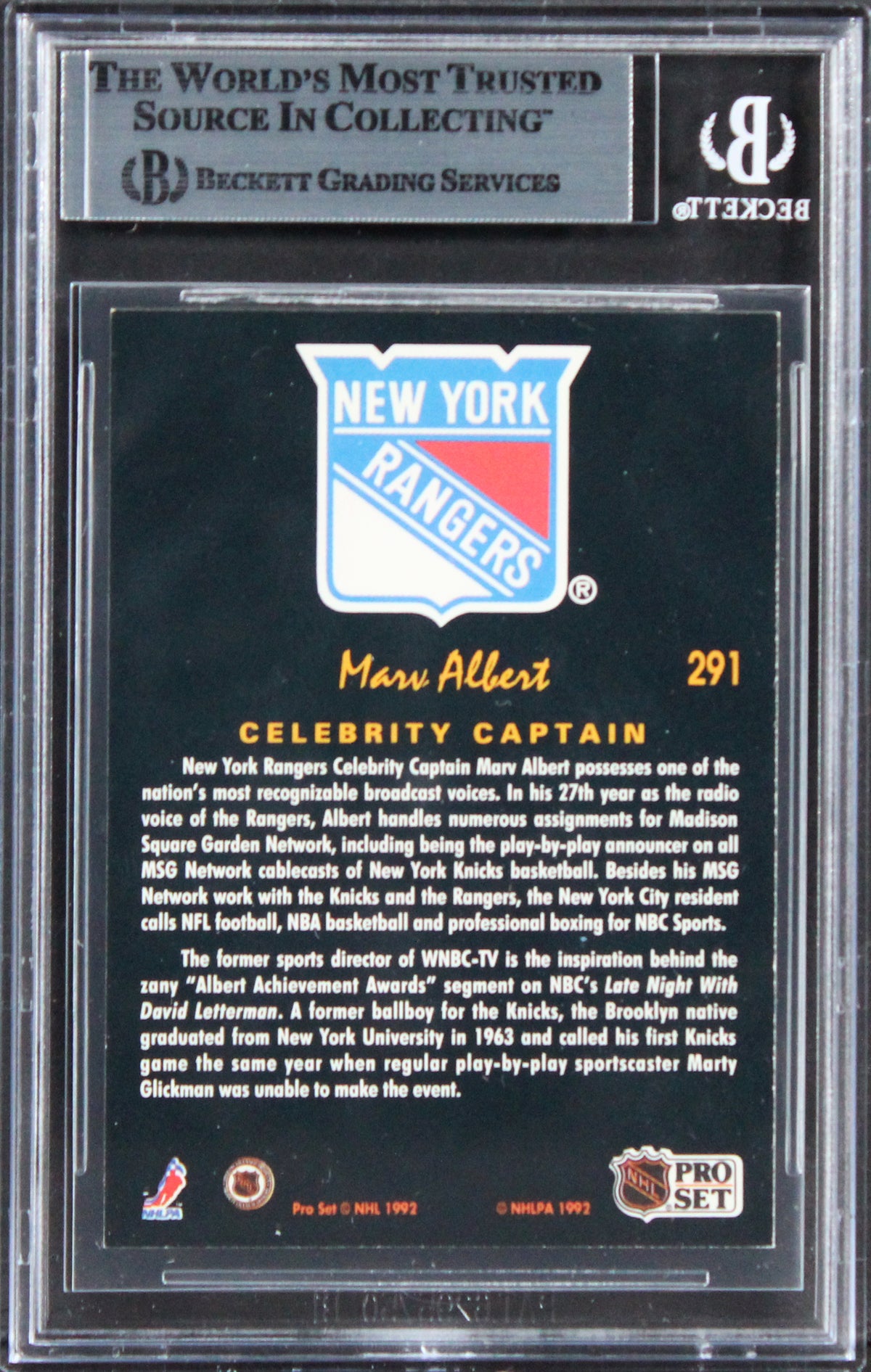 Rangers Marv Albert Authentic Signed 1991 Pro Set Platinum #291 Card BAS Slabbed