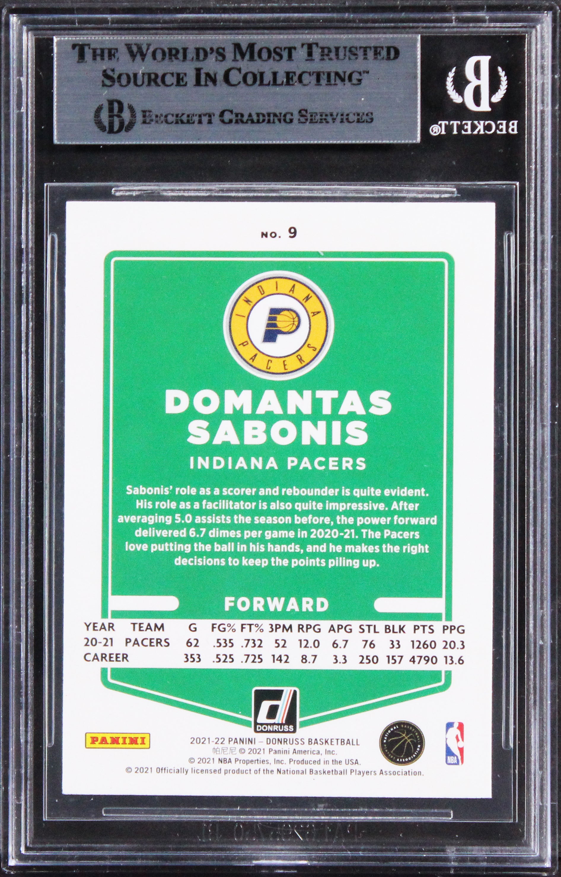 Pacers Domantas Sabonis Authentic Signed 2021 Donruss #9 Card BAS Slabbed