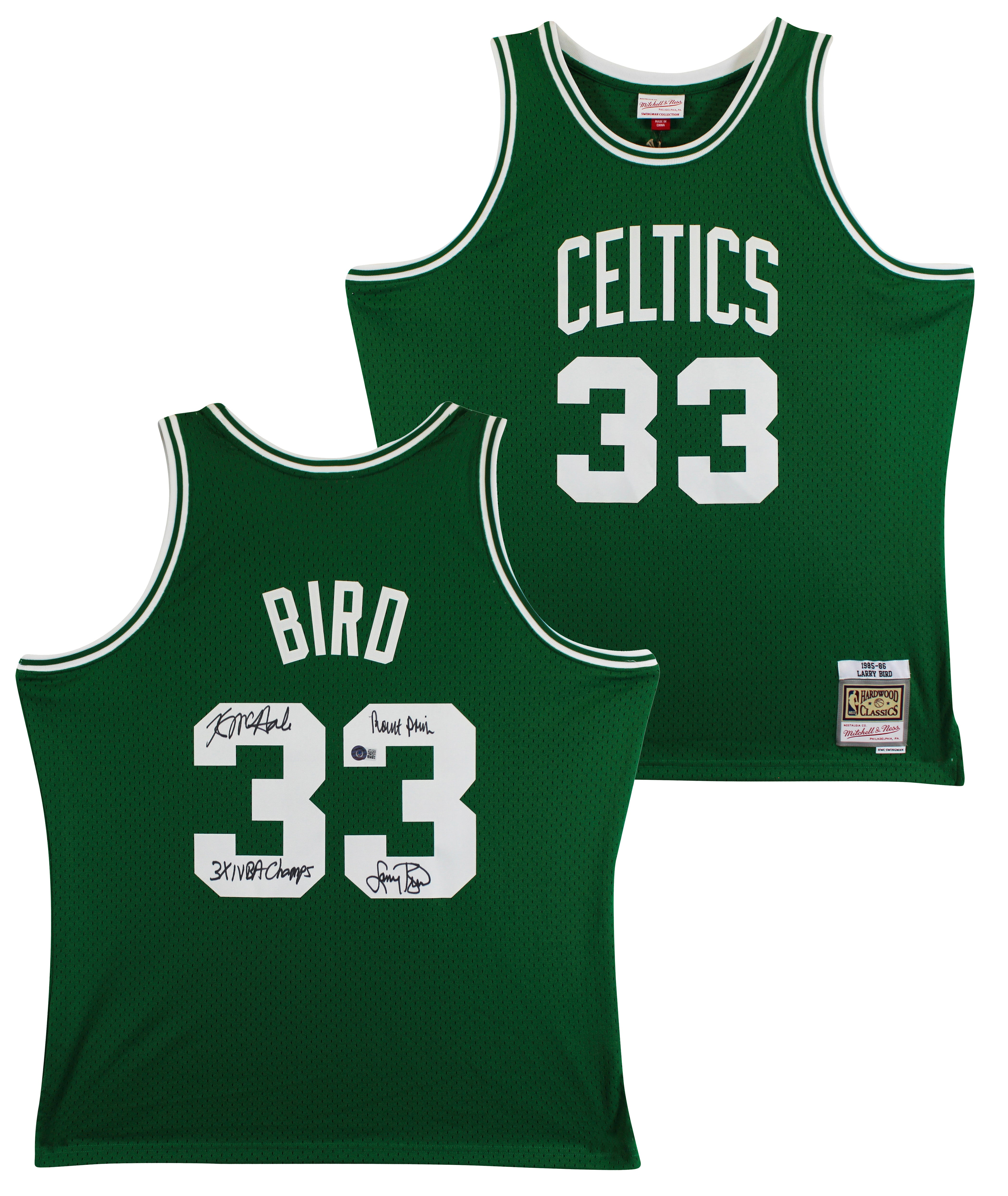 Celtics (3) Bird, Parish & McHale Signed Green M&N Swingman Jersey BAS Witnessed