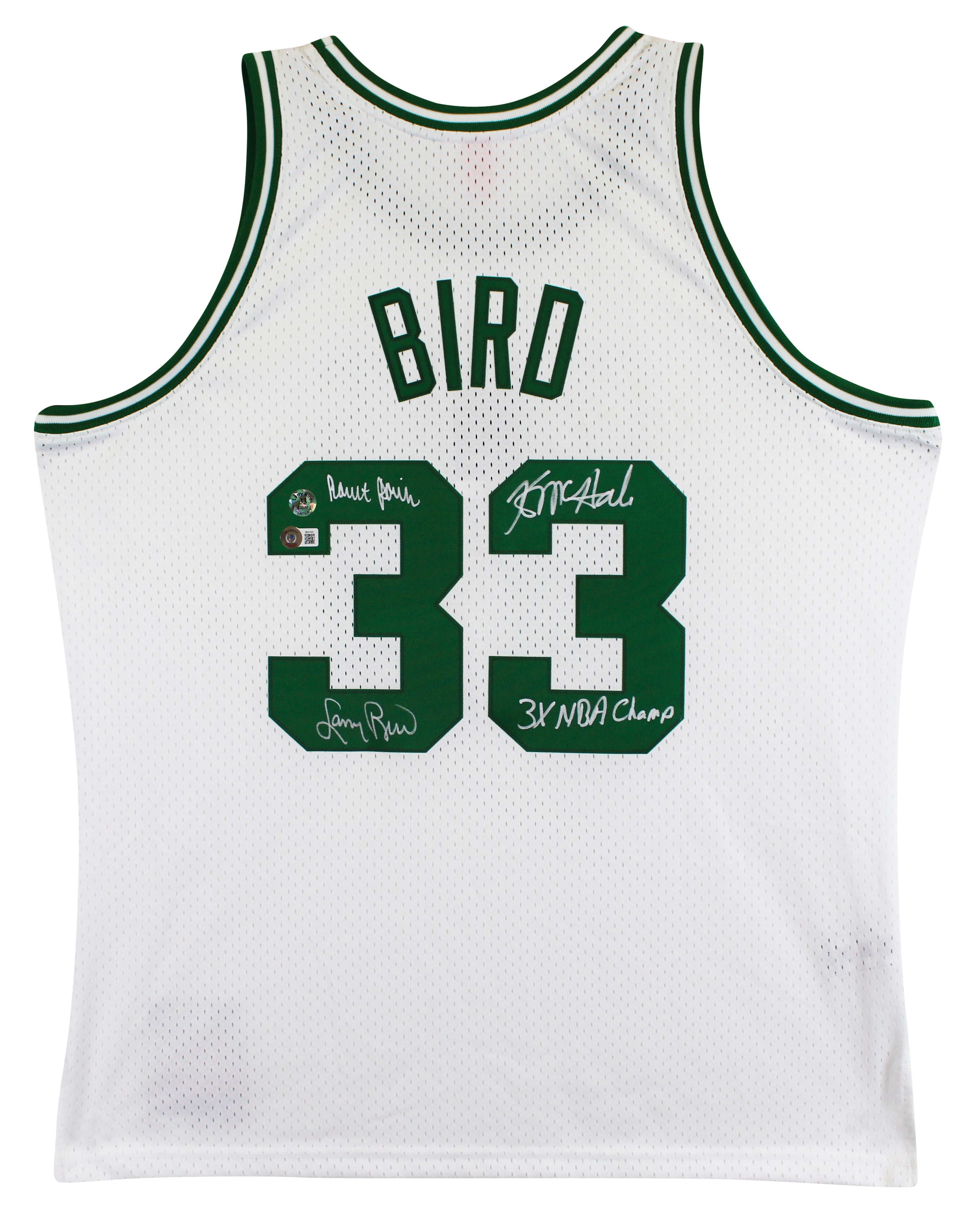 Celtics (3) Bird, Parish & McHale Signed White M&N Swingman Jersey BAS Witnessed