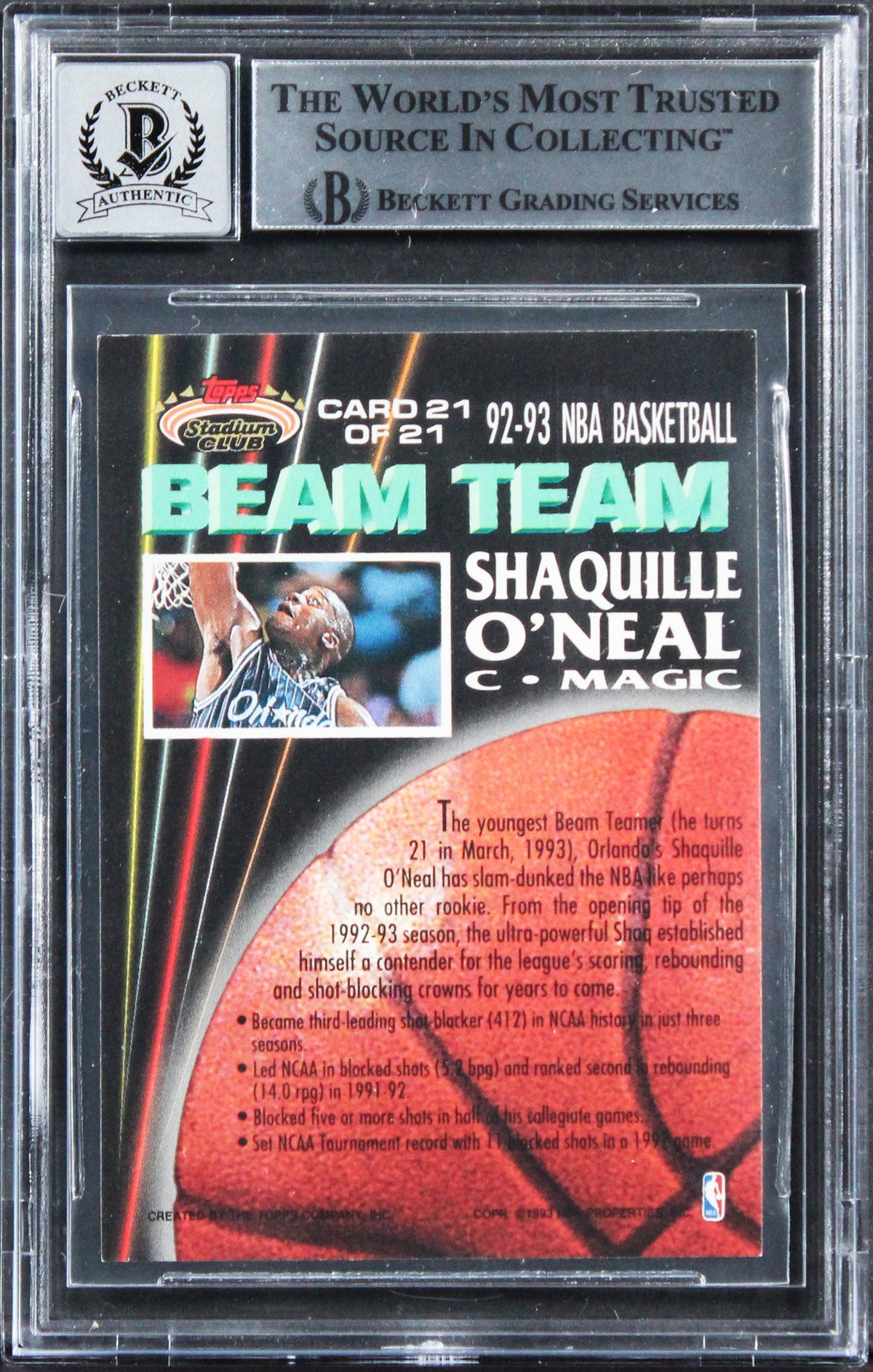 Shaquille O'Neal Signed 1992 Stadium Club Beam Team RC Auto Grade 10 BAS Slab