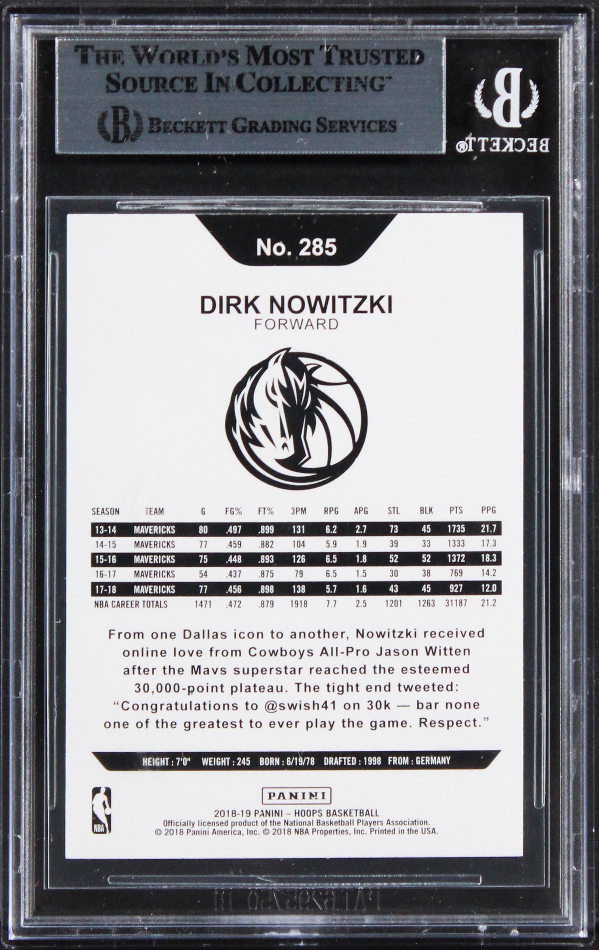 Mavericks Dirk Nowitzki Authentic Signed 2018 Hoops #285 Card BAS Slabbed