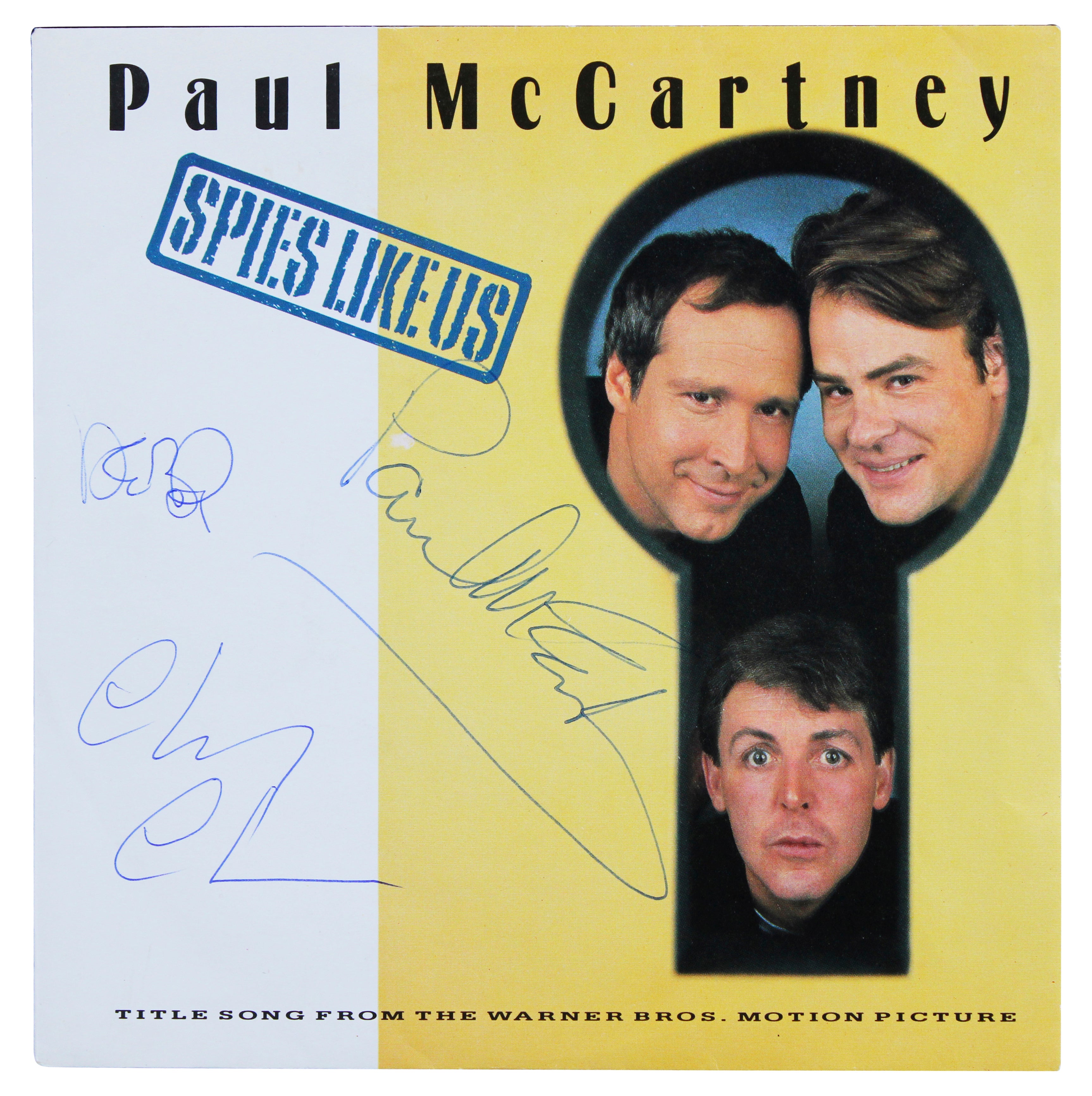 Spies Like Us (3) McCartney, Chase & Aykroyd Signed 45 RPM Album Cover BAS LOA
