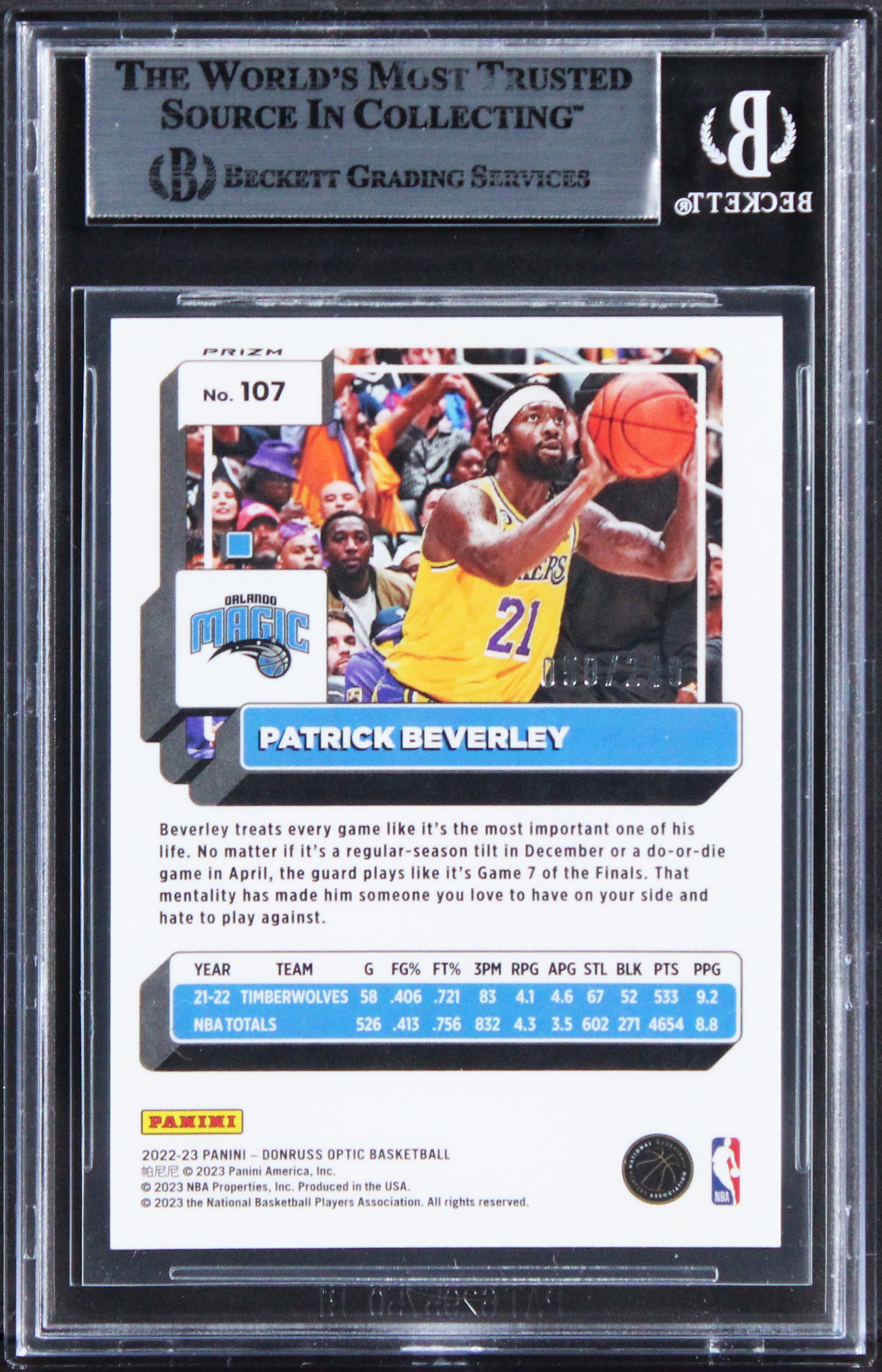 Magic Patrick Beverley Signed 2022 Donruss Optic Prem Box Set #107 Card BAS Slab