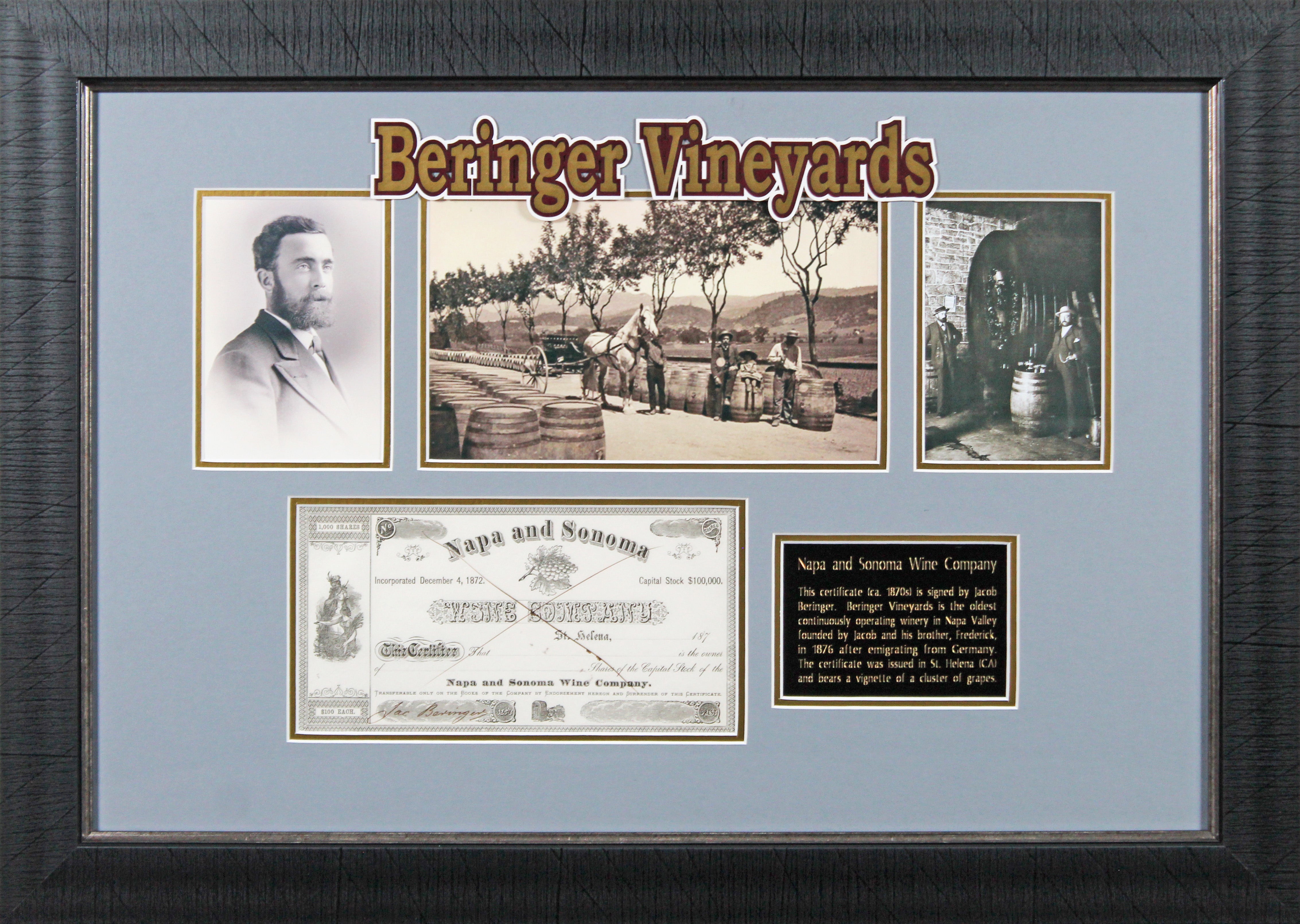 Jacob Beringer Signed & Framed 4.5x9 Napa and Sonoma Wine Stock Certificate BAS