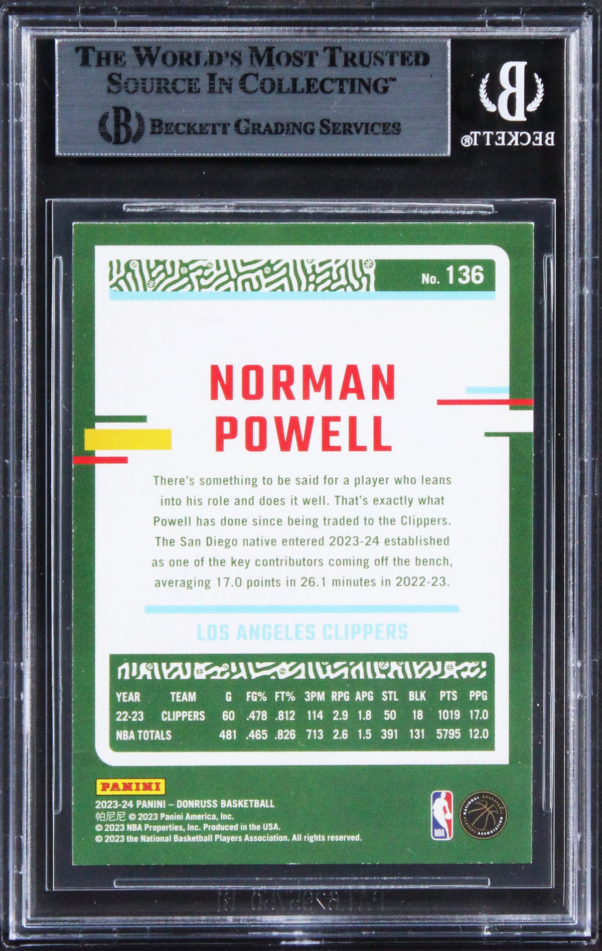 Blazers Norman Powell Authentic Signed 2023 Donruss #136 Card BAS Slabbed
