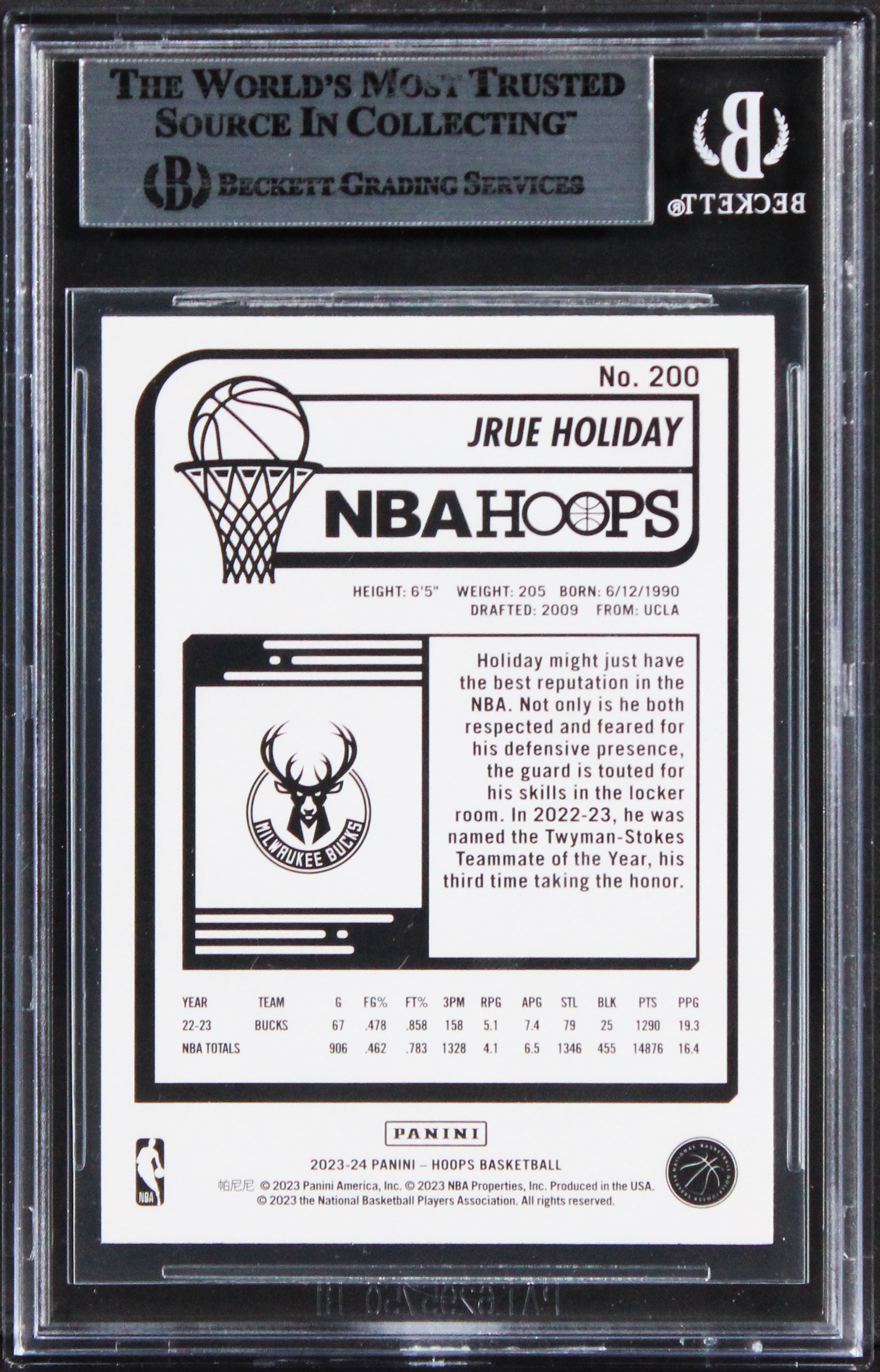 Bucks Jrue Holiday Authentic Signed 2023 Hoops #200 Card BAS Slabbed