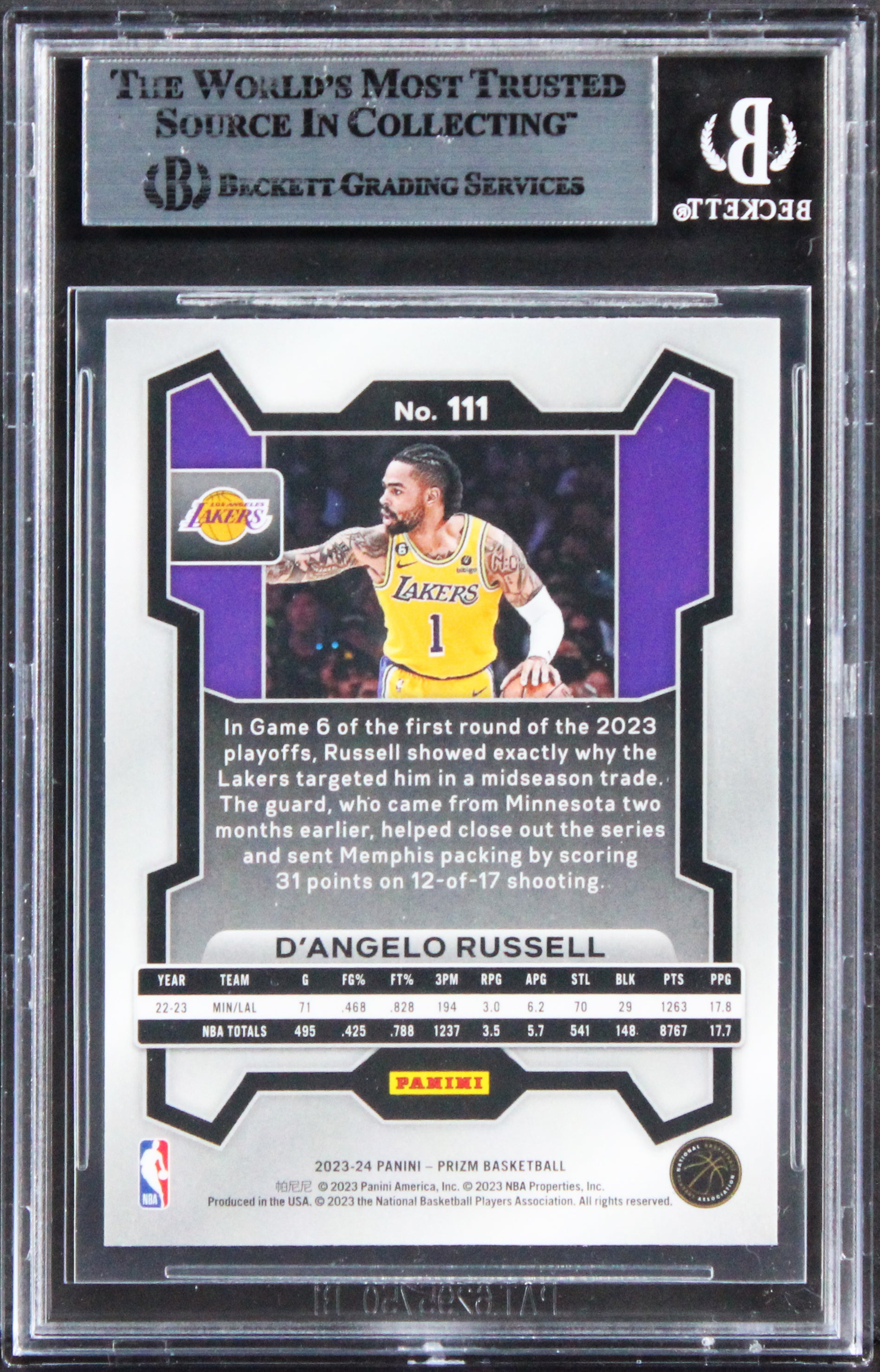 Lakers D'Angelo Russell Authentic Signed 2023 Panini Prizm #111 Card BAS Slabbed