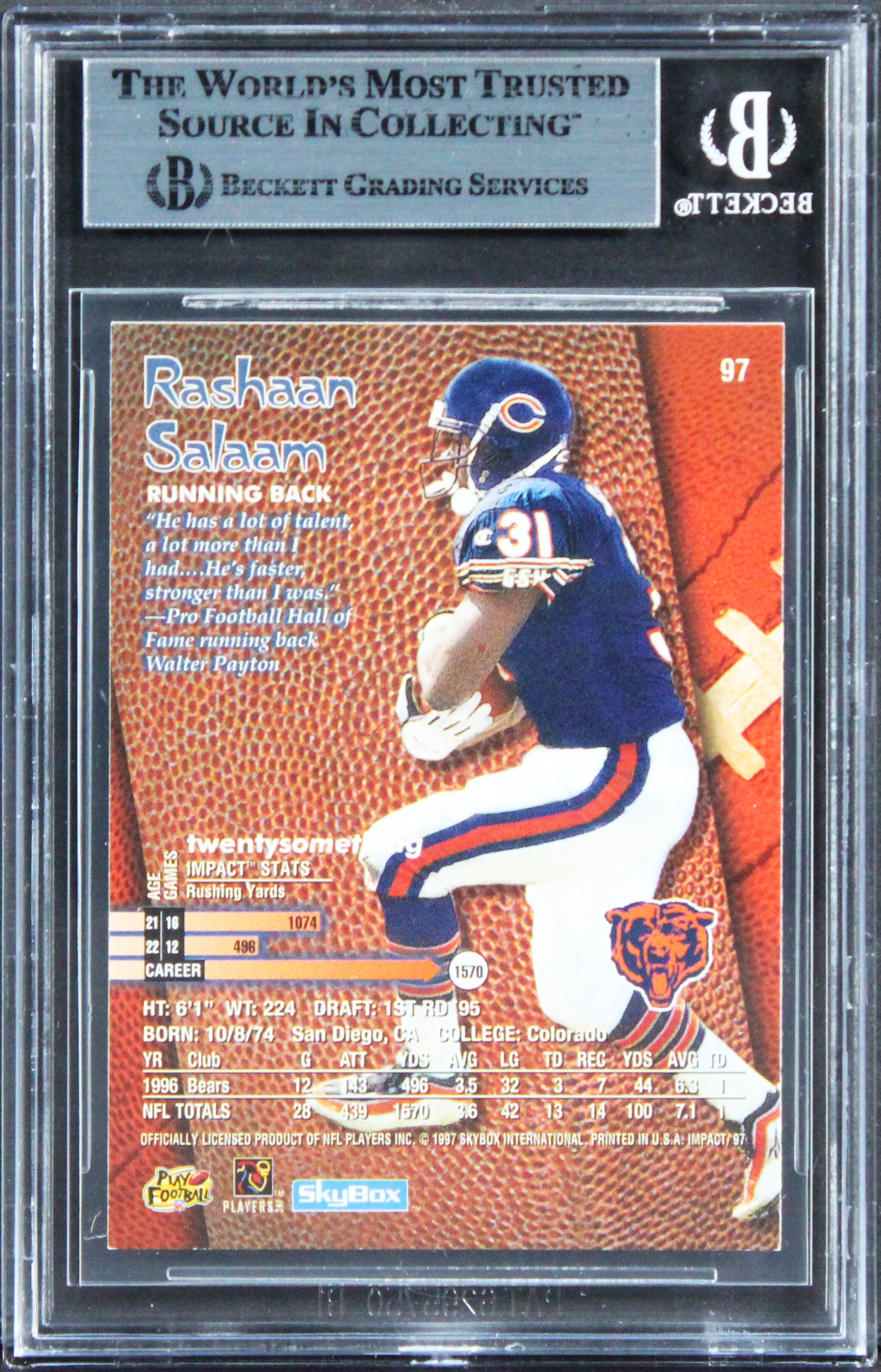 Bears Rashaan Salaam Authentic Signed 1997 Skybox Impact #97 Card BAS Slabbed