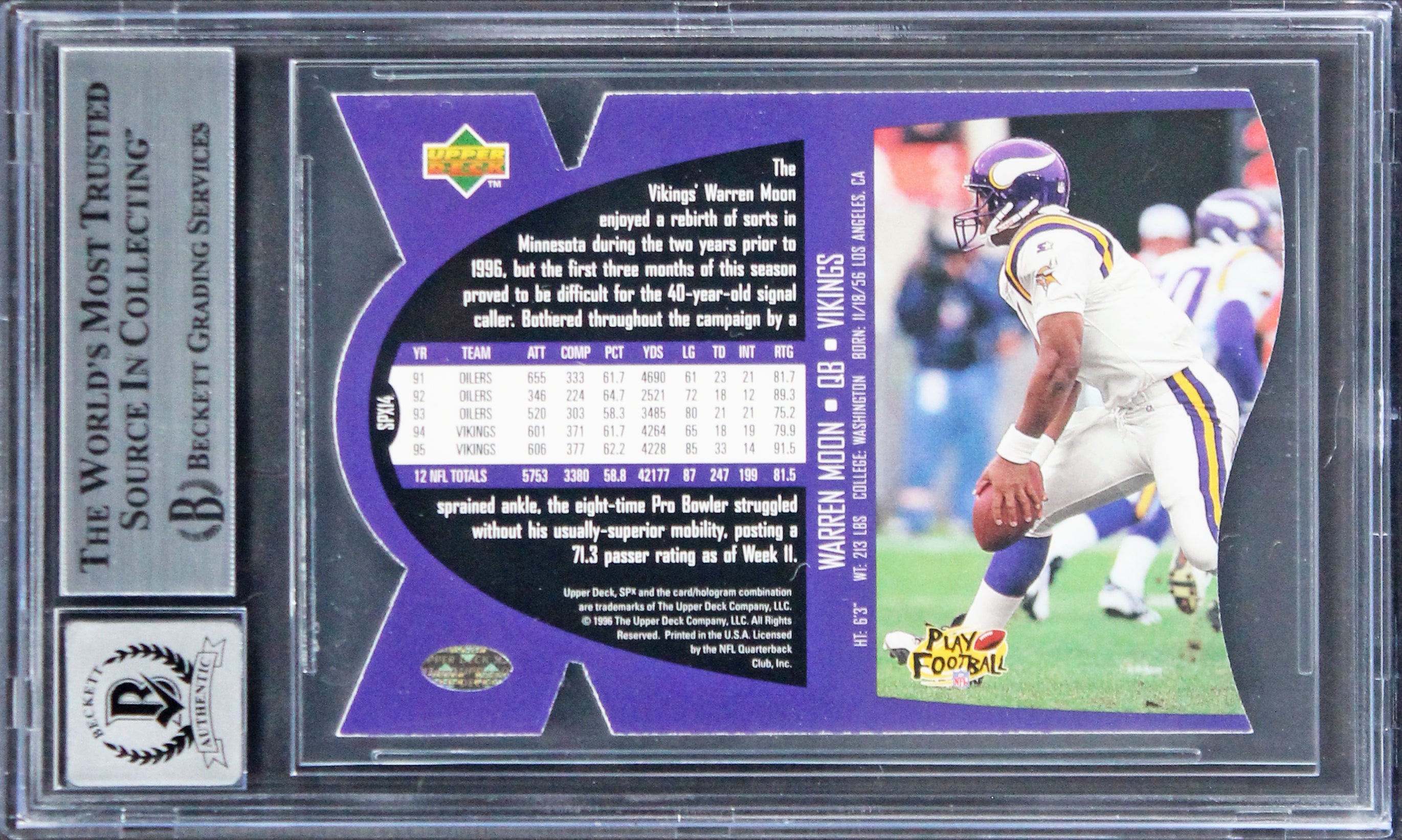 Vikings Warren Moon "HOF 06" Signed 1997 SPX #14 Card Auto 10! BAS Slabbed