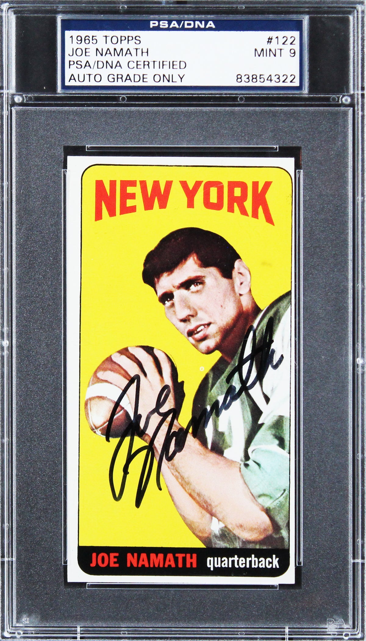Jets Joe Namath Signed 1965 Topps #122 Rookie Card Auto Mint 9! PSA/DNA Slabbed