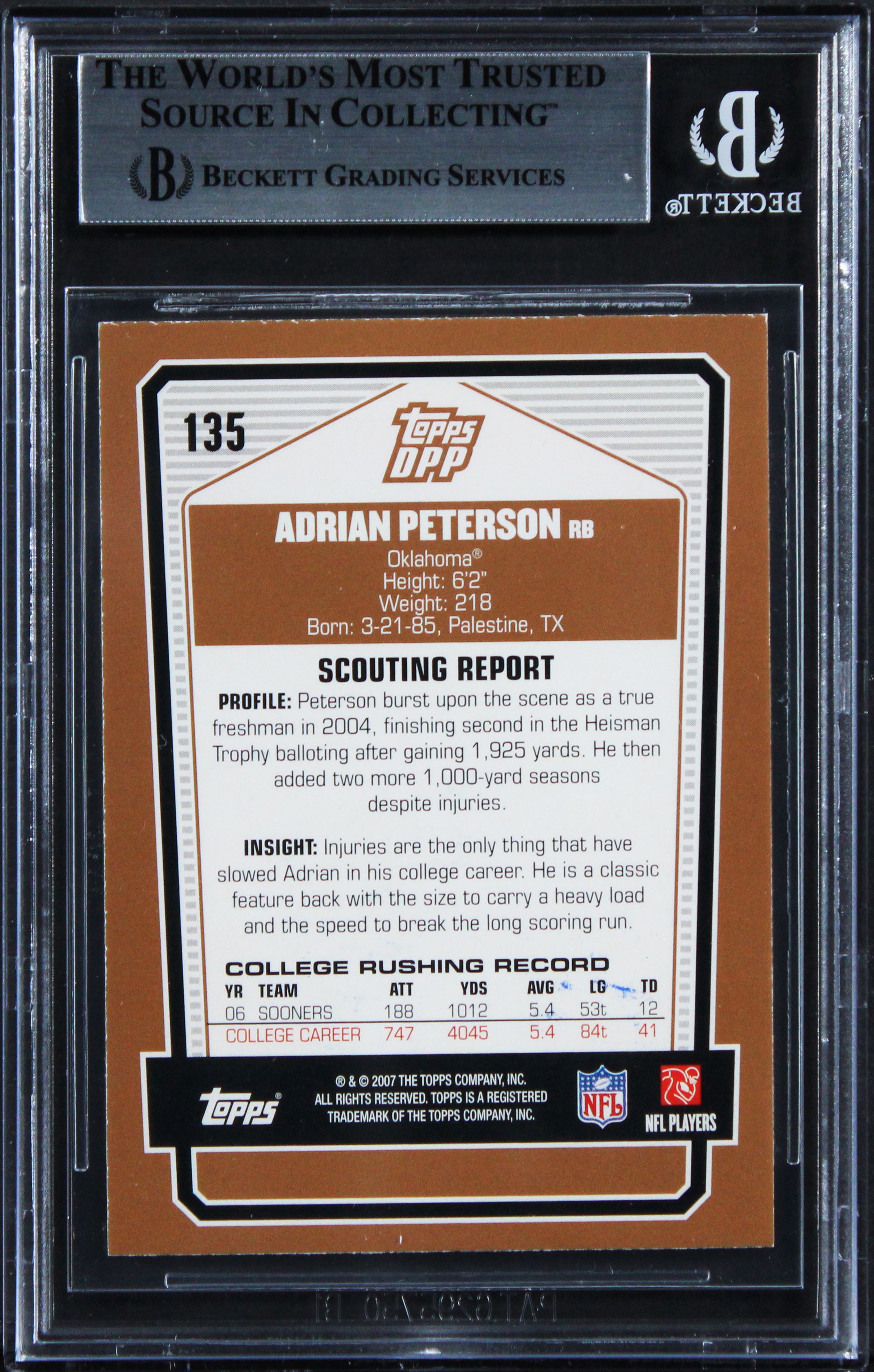 Vikings Adrian Peterson Signed 2007 Topps DPP #135 Rookie Card BAS Slabbed