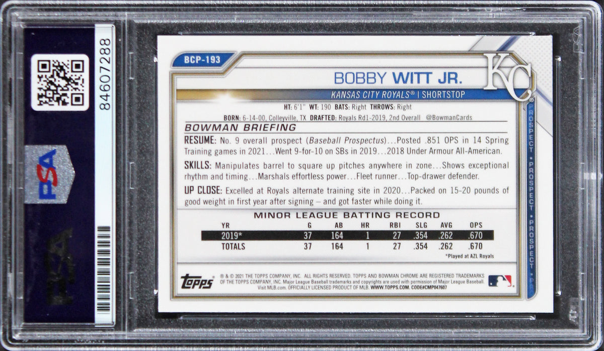 Bobby Witt Jr. Signed 2021 Bowman Chrome B&W DR #BCP-193 Card Auto 10 PSA Slab